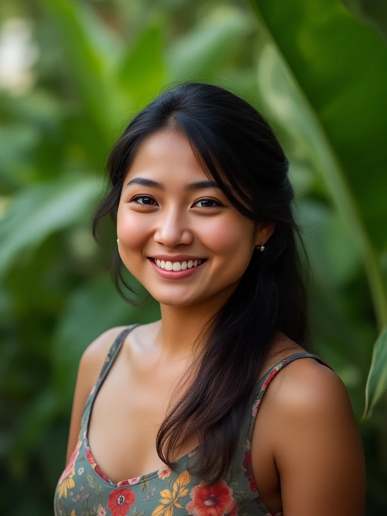 realistic,raw photo,1woman,nalia, portrait,smiling, tropical garden,