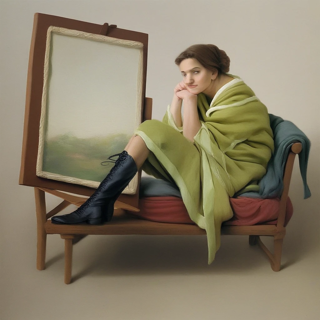 painting (object), clothes lift, Corest, lying, realistic, robe, cross-laced clothes, what, Boots, brown hair