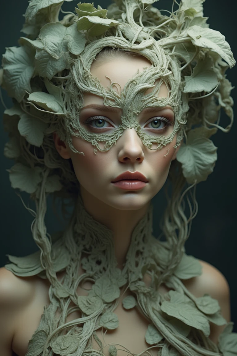 A striking figure adorned in nature-themed embellishments features piercing blue eyes framed by intricate, leafy vines that weave across the face, forming an organic mask. Soft, earth-toned textures intertwine with the skin, creating an ethereal harmony between the human and natural elements. Delicate, pale green leaves and tendrils cover the head and shoulders, blending seamlessly into the background. The lighting softly illuminates the features, enhancing the mystical ambiance.