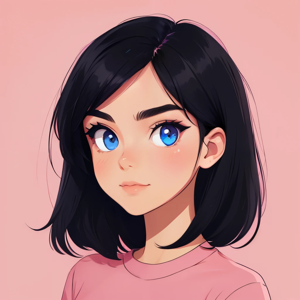 portrait, flat illustration of a girl with black hair and blue eyes on a pink background