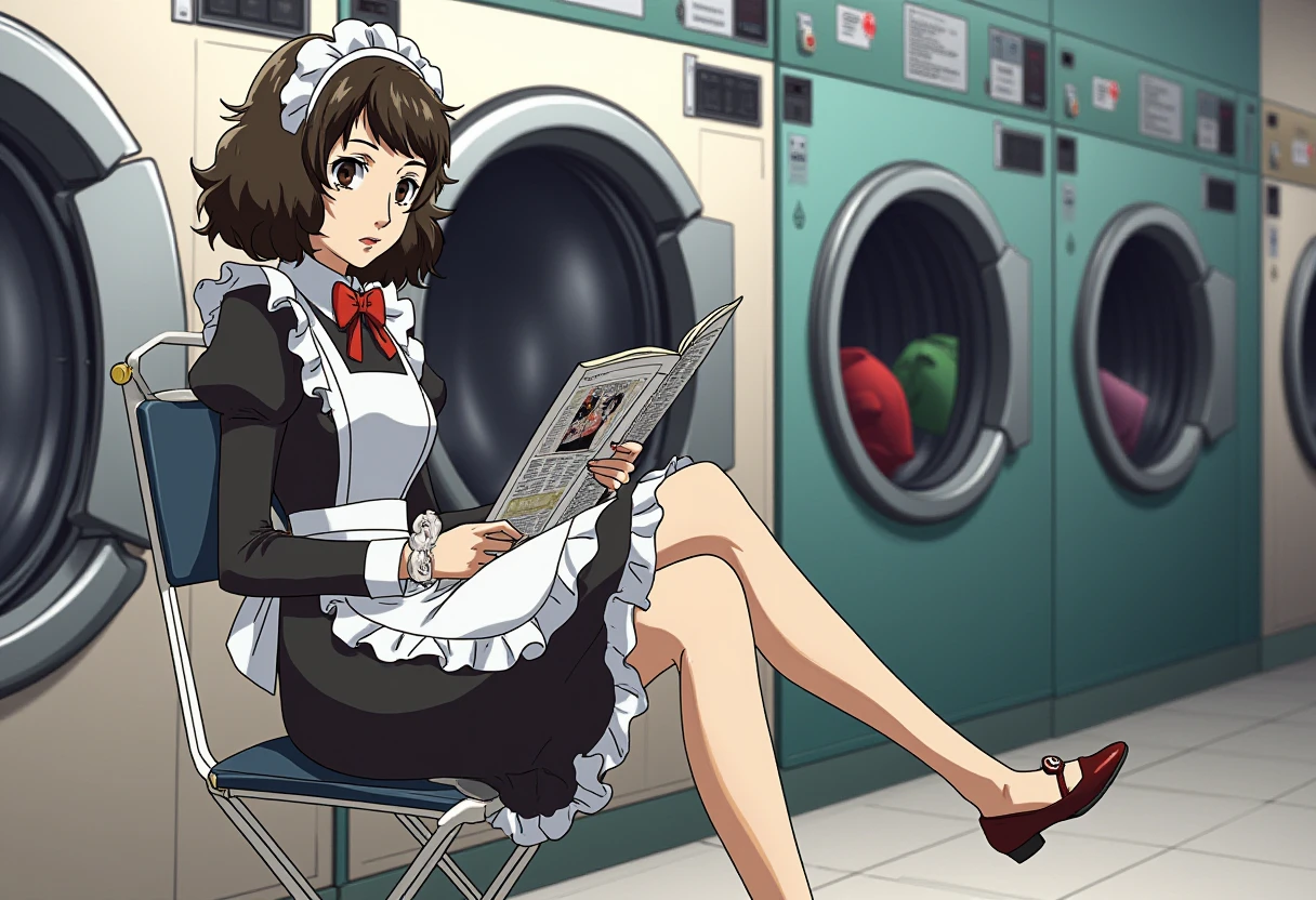 Anime style, sharp, high contrast and highly detailed. Ghibli anime style. Perfect anatomy. Perfect body ratio. No oversized head. No blurry, out of focus pictures. No simple background, no single color background.
sadayo_kawakami is wearing a maid costume. She is sitting on a folding chair in a laundromat, reading a magazine. Clothes are being washed in the washing machine in the background. 
 <lora:Persona5_sadayo_kawakami_flux_1_2-000009:1>