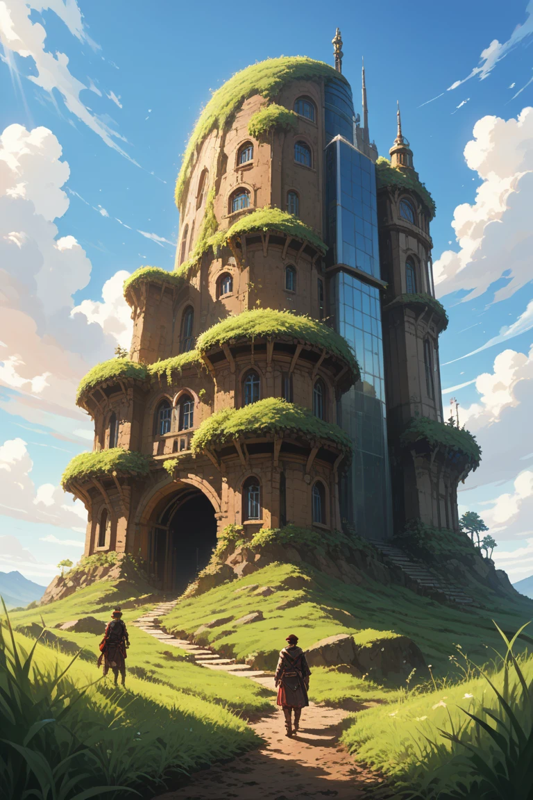 score_9, score_8_up, score_7_up, source_anime, rating_safe, day, natural lighting, dirt-structure focus, skyscraper, dirt, cloud, grass, intricately detailed illustration, Dadirt, from below, long shot, scenery, fantasy