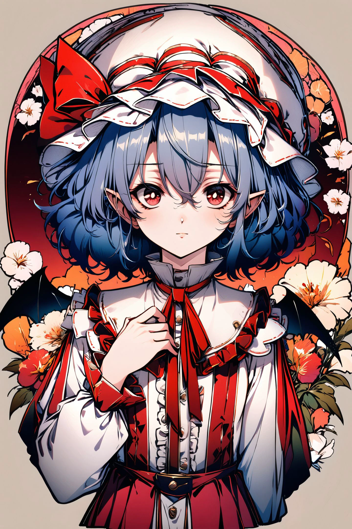 1girl,solo,remilia scarlet,blue hair,hat,wings,bat wings,looking at viewer,pointy ears,upper body,long sleeves,short hair,red ribbon,white headwear,mob cap,red eyes,flower,hair between eyes,bright pupils,closed mouth,ribbon,white pupils,
<lora:Old Fashioned Celluloid_XL:1>,