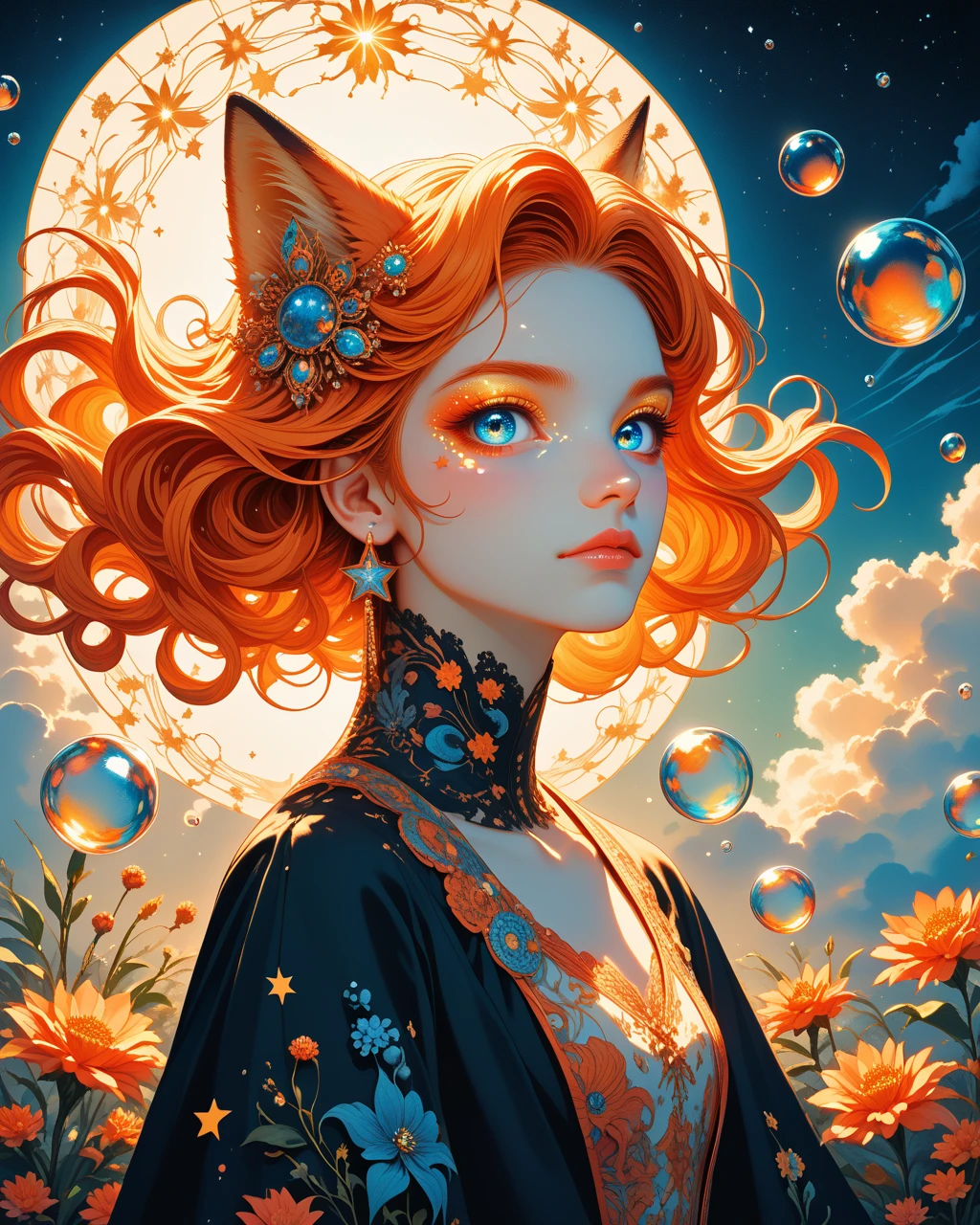 score_9, score_8_up, score_7_up, cloud, no_humans, sky, animal, animal_focus, fluffy, fox, bubble, looking_at_viewer, cloudy_sky, blue_eyes, star_(sky), orange_fur, Glittering and Reflective Accents, Textured Elements, Reflections in the Eyes, Vivid Color Gradient, Sparkling Highlights, Soft and Diffused Lighting, <lora:neonifm:0.8> neonifm, floral motif, sharp, high-definition detailin, color palette, art nouveau influence, baroque-inspired elegance, modern digital Illustration, pop surrealism, rococo elements, glamour, fashion Illustration, glow effect on skin, soft focus around,  <lora:SDXLFaeTastic2400:0.8>