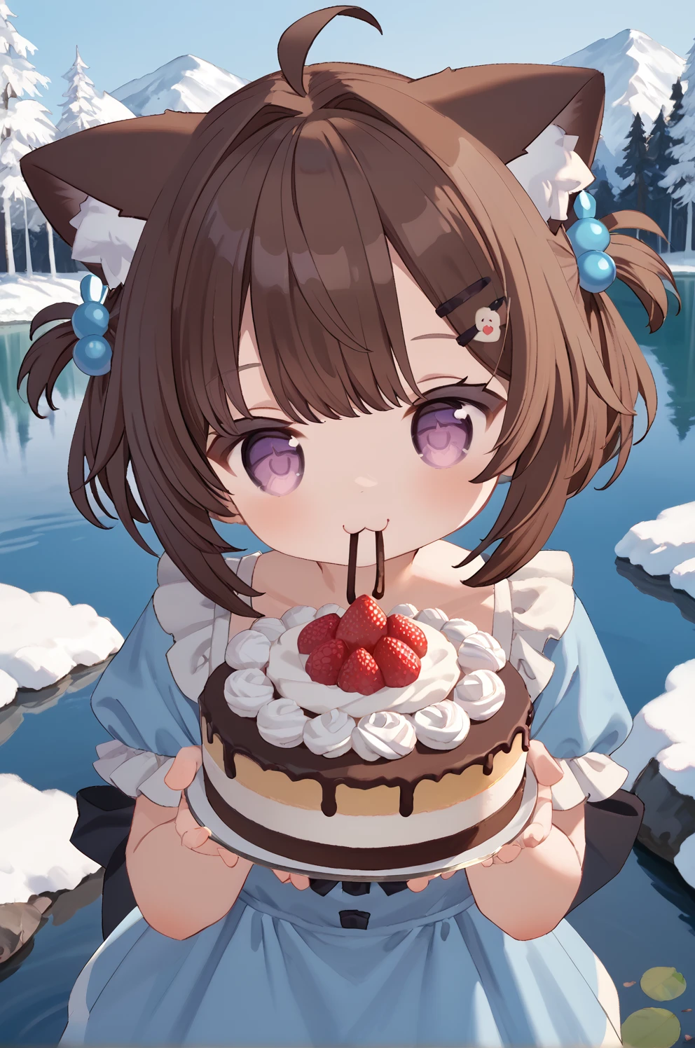 score_9, score_8_up, score_7_up,source_anime, 1girl, sn0w0inari, cute, brown hair, animal ears, hair ornament, twintails, animal ear fluff, short hair, purple eyes, very happy face, blue sundress, eating cake, snow peaks, near lake, volumetric lighting, masterpiece, daytime, perfect composition, lake background