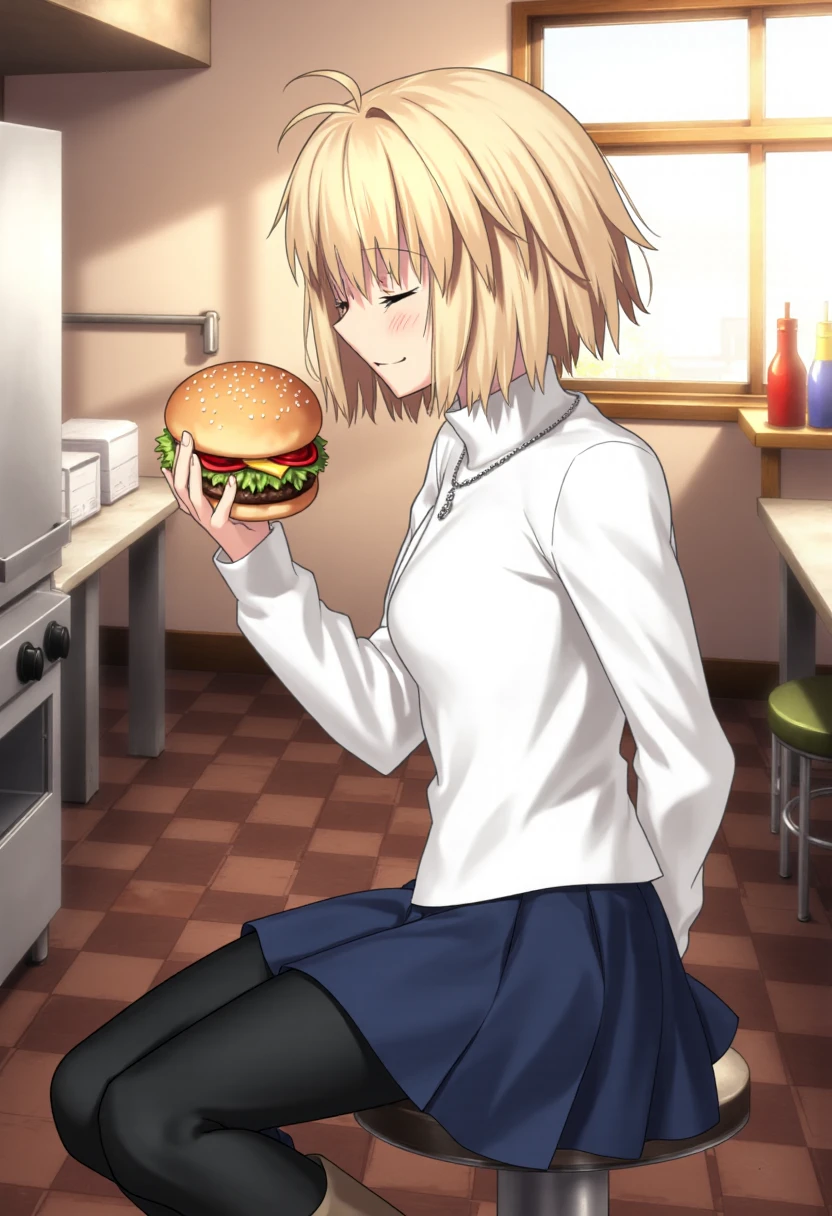 [INFO FOR CIVITAI USERS (don't include this on real prompt lol): Scheduler BETA, Distilled cfg 5, Lora Weight 0.9] Arcueid, normalarc, 1girl, solo, short hair, bangs, blonde hair, red eyes, slit pupils, long sleeves, ahoge, blue miniskirt, black pantyhose, brown knee boats, necklace, white sweater, turtleneck, hair intakes, antenna hair, turtleneck sweater, silvery necklace. Arcueid sits on a stool in a small burger joint, her face and body completely in profile, as if posing for a classical portrait. Her face is relaxed, with her eyes closed and an expression of pure satisfaction, as if she's experiencing a moment of culinary ecstasy. She holds a nice-looking burger on her hand. The sunlight streaming in through the window behind her illuminates her profile, creating a halo of light around her dark hair. The background is a blur of colors, with the silhouette of a burger kitchen behind her, including a cast-iron grill, a stainless steel fridge, and a row of ketchup and mustard bottles. The camera is positioned so that only Arcueid's profile is visible, emphasizing the curve of her nose, the line of her jaw, and the shape of her ear. Her body is relaxed, with the arm holding the burger bent at a comfortable angle and the other arm resting on the stool. The atmosphere is relaxed and casual, as if Arcueid is enjoying a moment of tranquility in a place she likes. The focus is on her profile, with the burger and the background blurred into a warm and inviting haze.