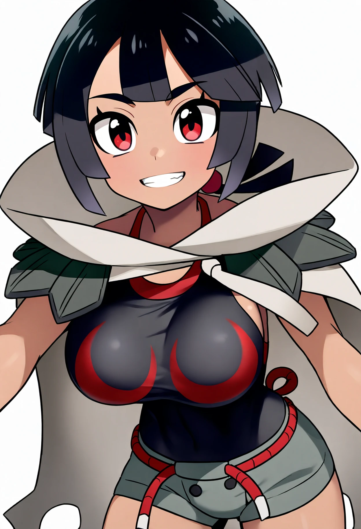 best quality, amazing quality, very aesthetic, absurdres,
1girl, zinnia, black hair, short ponytail, red eyes, dark skin,
grey cloak, black shirt, sleeveless shirt, short shorts,
large breasts,
standing, grin, upper body, solo, looking at viewer, simple background, white background   <lora:ZinniaIllustriousXL_byKonan:1>