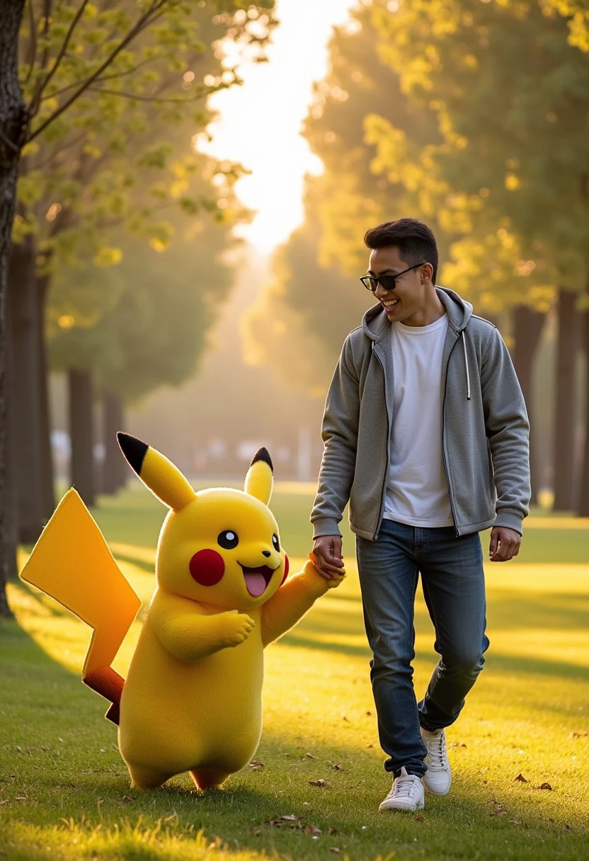 (chengman, 20 yo male), walking in a park, holding hands with a large Pikachu, natural light through the canopy of the trees, warm smile