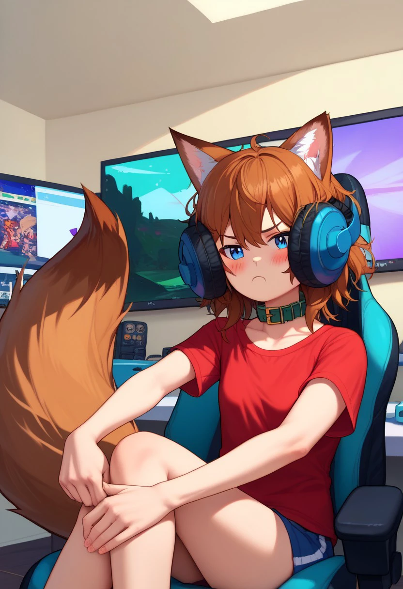 score_9, score_8_up, score_7_up, source_anime, headphones, animal ears, Millyfox, fox ears, animal ears, blue eyes, brown hair, messy hair, tail, collar, red shirt, short sleeves, sitting, on chair, gamer chair, indoors, bedroom, computer, looking at viewer, annoyed, blush,