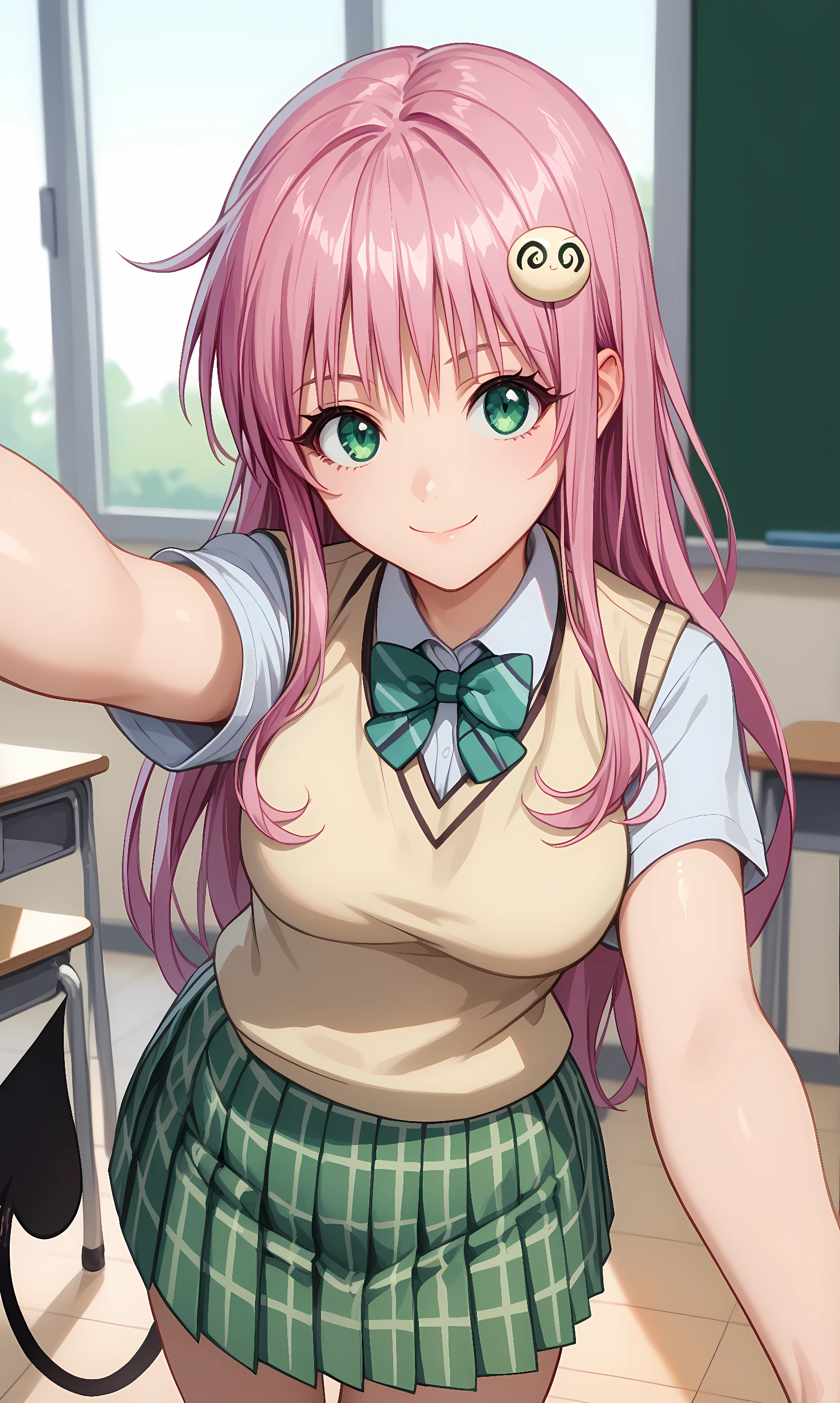 score_9, score_8_up, score_7_up, source_anime, 1girl, solo, indoors, classroom, cowboy shot, standing, looking at viewer, shiny skin, lala_satalin, green eyes, pink hair, long hair, demon tail, hair ornament, school uniform, collared shirt, short sleeves, green bowtie, light brown vest, green skirt, pleated skirt, plaid skirt, smile, closed mouth, selfie, reaching out