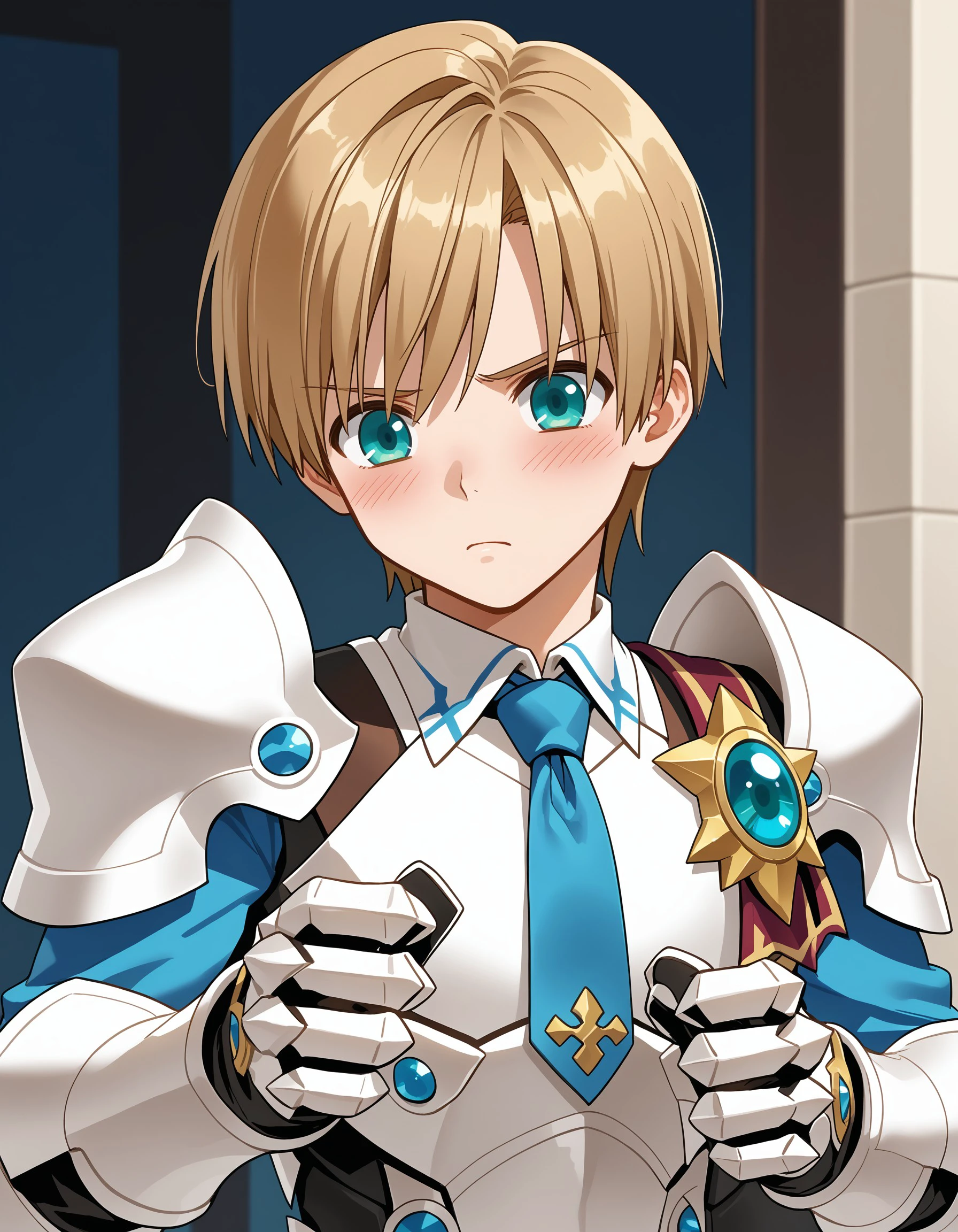 (masterpiece), best quality, expressive eyes, perfect face, chungs, solo, blush, short hair, blue eyes, blonde hair, brown hair, 1boy, male focus, necktie, armor, aqua eyes, gauntlets, <lora:0d91c3ed-7ac8-4456-92cb-8f528783116d:0.7>