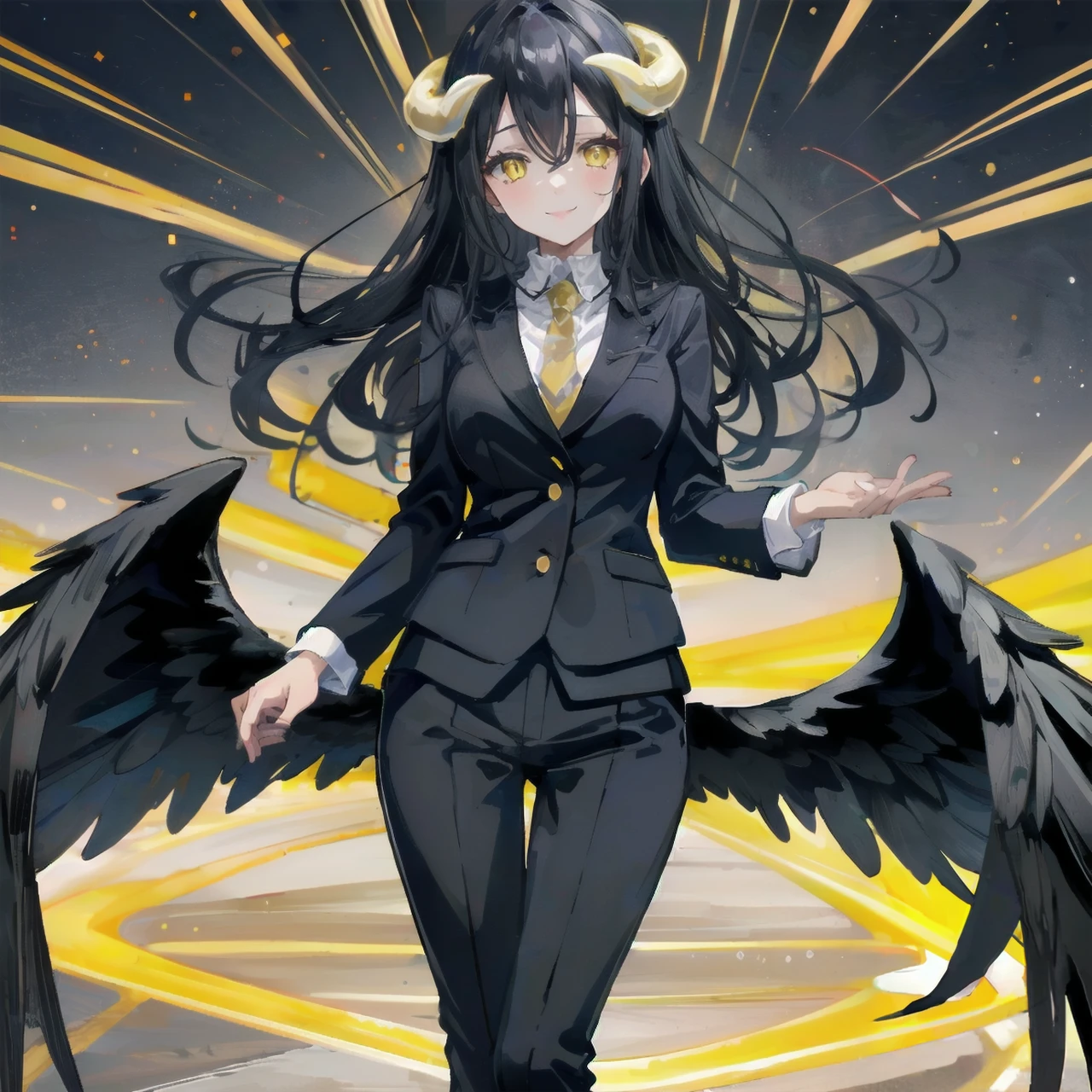 1girl, albedo, office suit, overlord albedo, yellow eyes, horns, black wings, black hair, smile, (whole body:1.1), <lora:albedo-03:1>