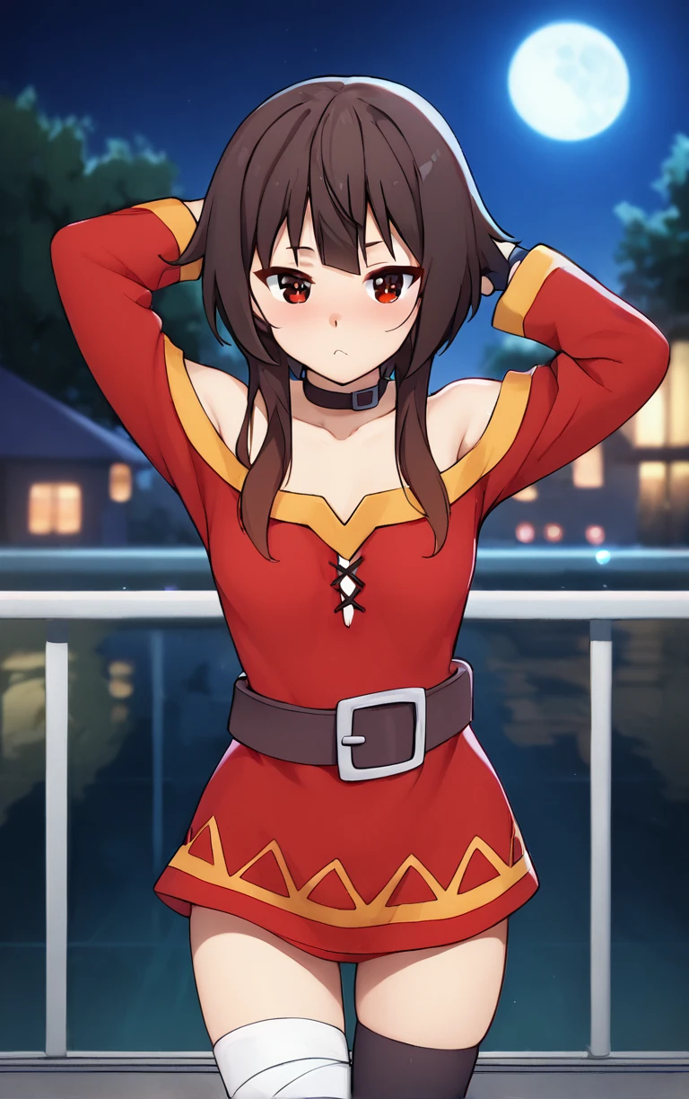 score_9, score_8_up, score_7_up, score_6_up, looking at viewer,  BREAK
BareShoulders_Megumin_ownwaifu,    
1girl, brown hair, megumin, short hair with long locks, red eyes, collar, choker, collarbone, sidelocks, bangs, black choker, bright pupils, brown belt, small breasts,  hair between eyes, sleepy,
bare shoulders, red dress, off shoulder, fingerless gloves, black gloves, off-shoulder dress, bandages, bandaged leg, single thighhigh, black thighhighs, long sleeves, asymmetrical legwear, mismatched legwear,  short dress,
(contrapposto, arms behind head), neon_lights, cityscape, night, pool, full moon, outdoors, <lora:PONYXL_KonoSuba_Megumin_ownwaifu:0.9> , depth of field, solo,