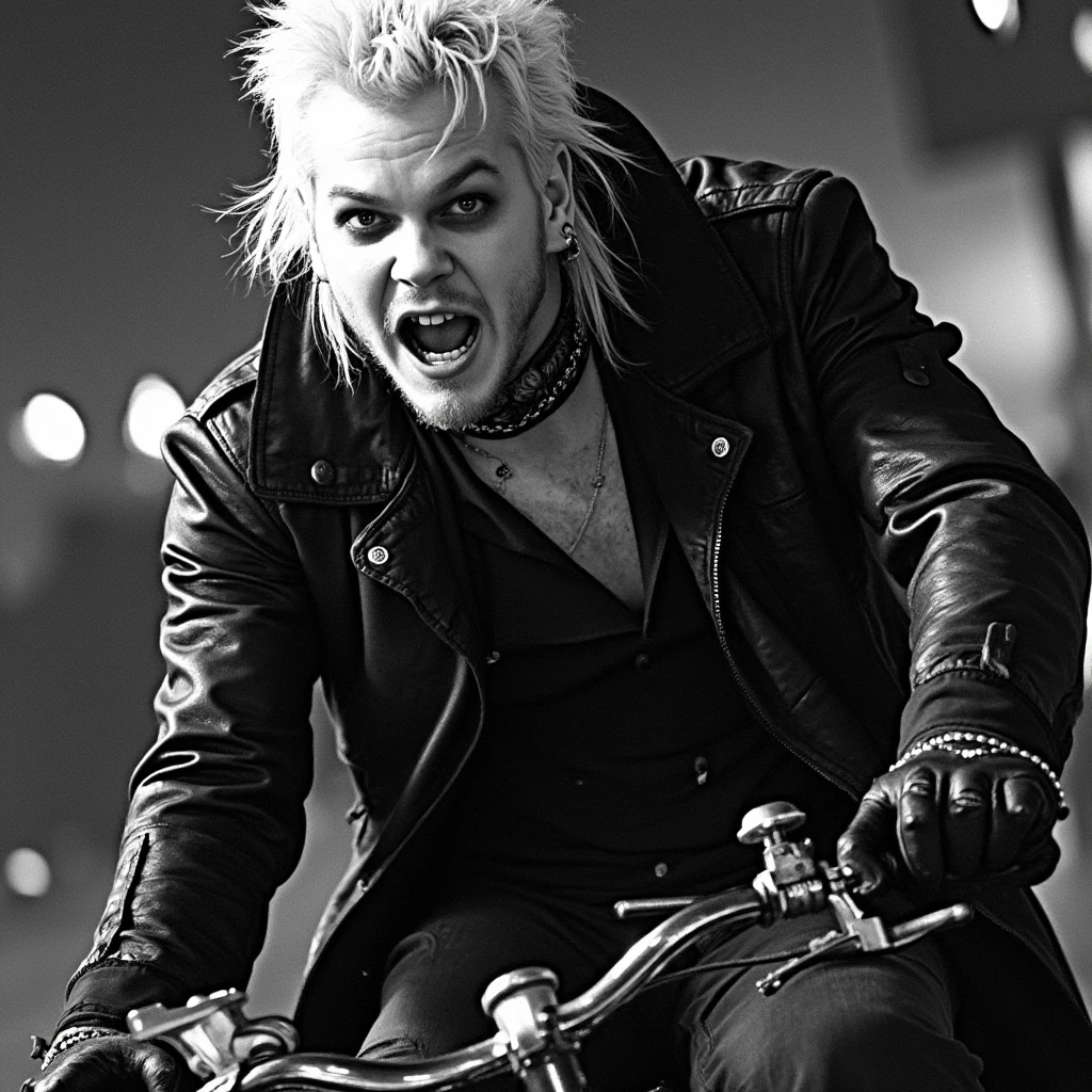 David the vampire, wearing goth clothes and riding a bike