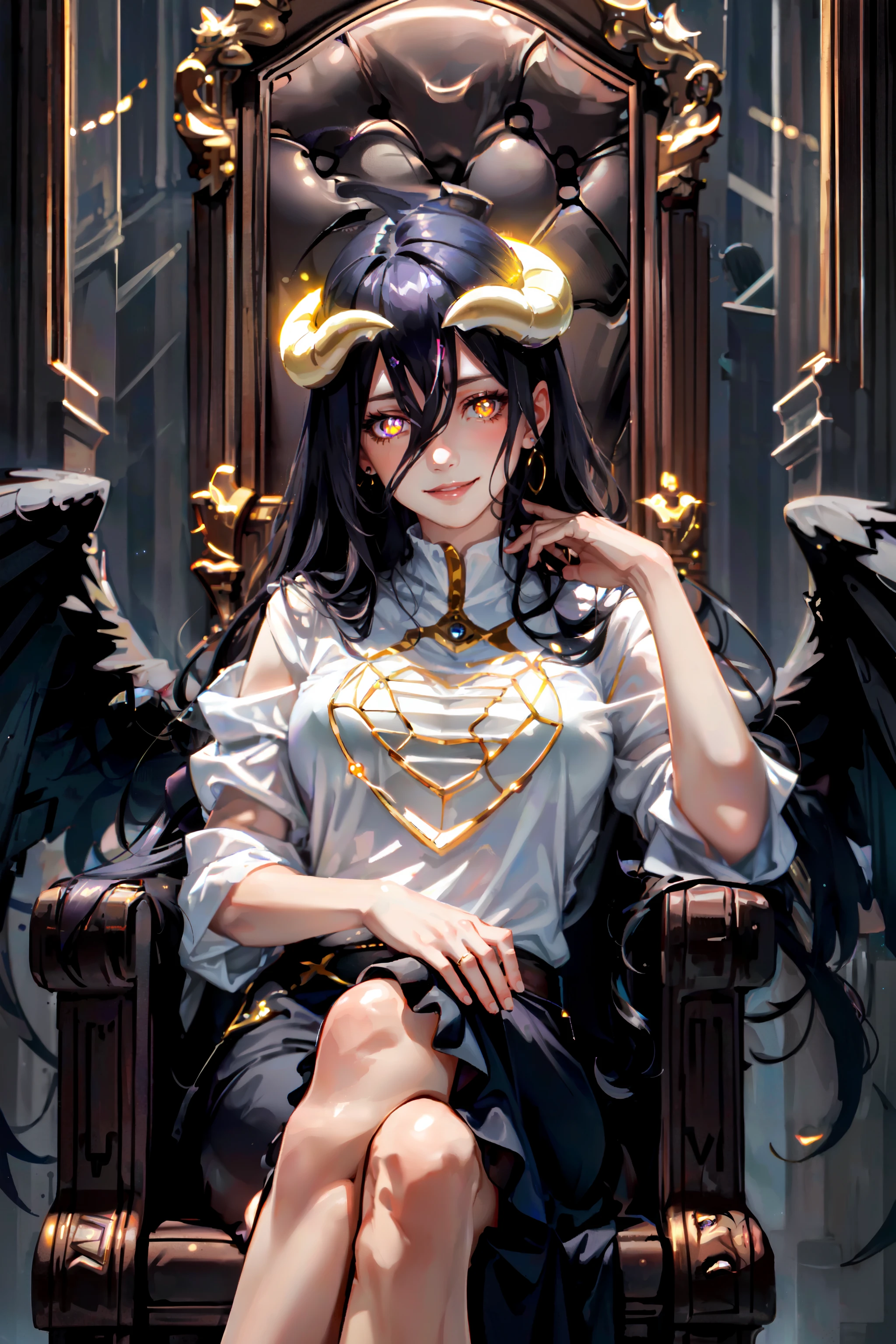 albedo, 1girl, solo, long hair, (looking at viewer:1.1), (smile:1.3), (large breasts:1.2), shirt, jewelry, sitting, (purple eyes:1.3), white shirt, earrings, (parted lips:1.2), wings, hair over one eye, glowing, (demon girl:1.3), (crossed legs:1.2), cross, demon horns, (glowing eyes:1.5), rain, black wings, (head rest:1.1), throne, <lora:albedo-03:1>