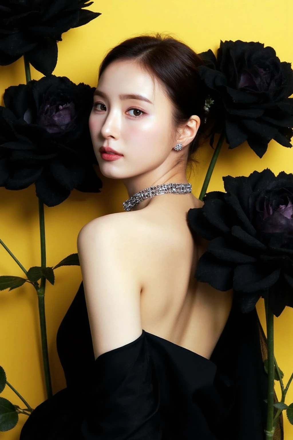 The image showcases a young woman wearing necklace and earrings with pale skin and makeup. She is positioned against a strikingly vibrant gold background, which is filled with large black rose flowers. The flowers dominate the composition, adding a dramatic and intense contrast to her skin tone and overall appearance.
The woman is dressed in gothic styled gown, which drapes softly over her shoulders, leaving her upper back and one shoulder exposed. Her expression is calm and slightly mysterious, with her gaze directed slightly to the side, away from the camera. The large flowers, some of which overlap with her figure, create a dreamy and surreal atmosphere, as if she is blending into or emerging from the floral background., <lora:flux_realism_lora:1>, <lora:makinaflux_shinsekyung_v1.0:1>