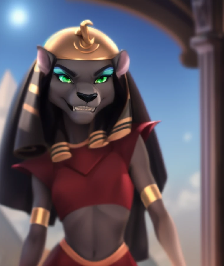 solo, mirage, female, green eyes, eyeshadow, uraeus, egyptian clothing, evil grin, detailed background, blue sky, by lillymoo, <lora:Mirage_021-Yiffymix-nd128-na128-e10:1>