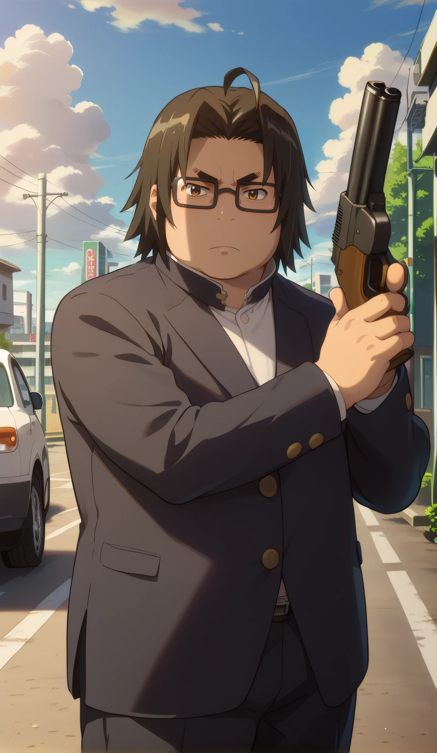 score_9, score_8_up, score_7_up, mature male, looking at viewer, cowboy shot, 
<lora:Hirano_Dwnsty:0.9>,  hirano_kohta, brown eyes, black hair, male focus, school uniform, black gakuran, buttons, glasses, 
serious, plump, holding gun, hands up, glock, 
outdoors, blue sky, street, highway, cloud,