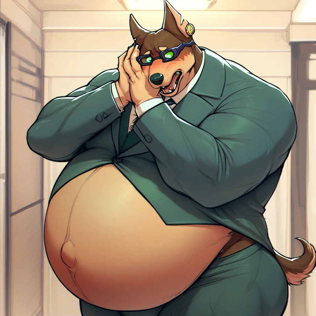 Anthro tiger or wolf or husky, chest hair, large, not muscular, overweight, chubby, fat, big belly, belly, bloated belly, bulging belly, (((vore))), digesting, bara, adult, aroused.  Wearing green business suit, ((hyper big penis)), huge testicles (duo)