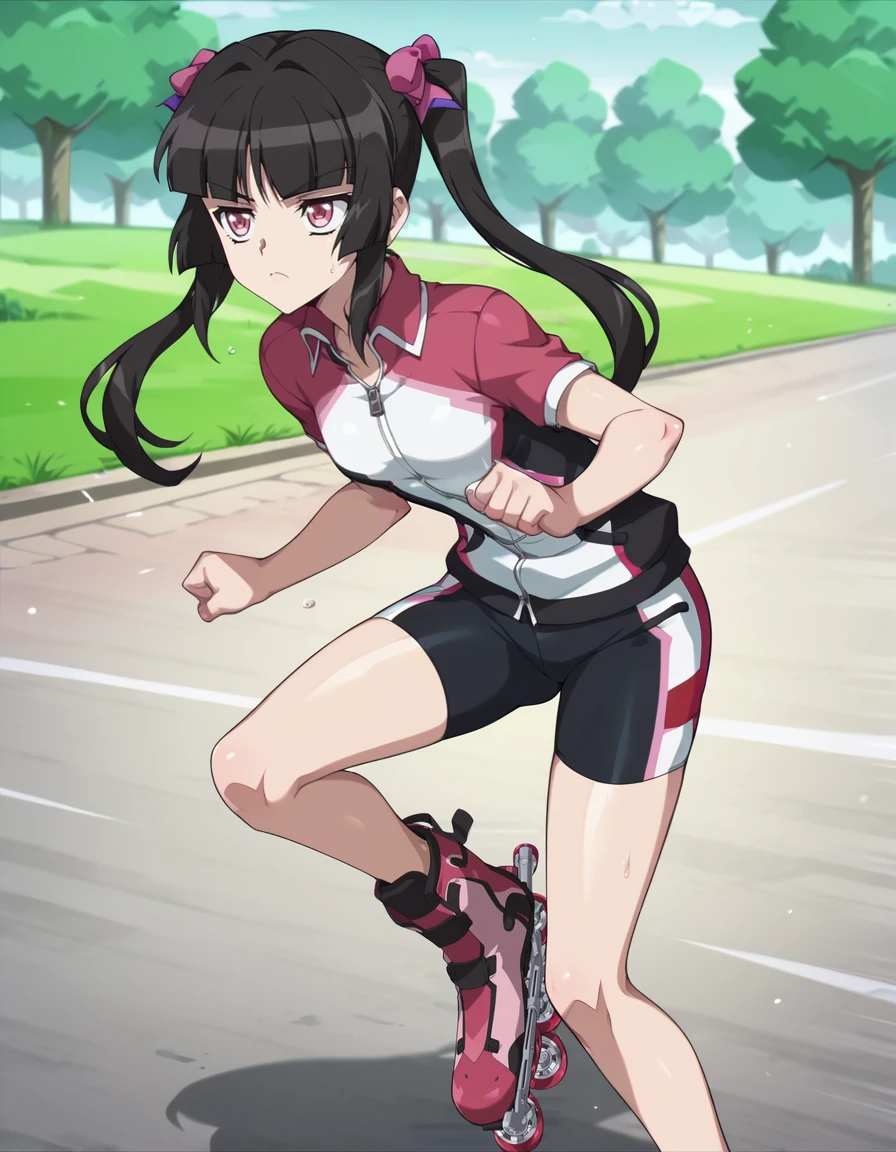 score_9, score_8_up, score_7_up, score_6_up,, score_5_up, BREAK, source_anime, anime screencap, cycling wear, shirabe, pigtails, inline skates, skating, path, sweating, serious, leaning forward, half closed eyes, looking away,  park, speed lines,  <lora:AXZ-Shirabe:0.9>