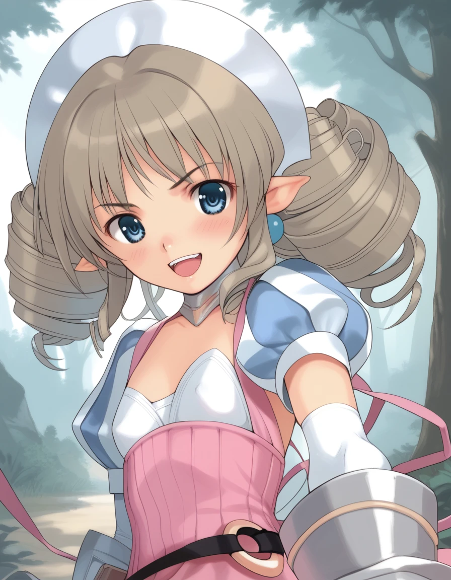 ymir_(queen's_blade), drill hair, blue eyes, pointy ears, brown hair, hairband, flat chest,
armored dress, blue striped, elbow gloves, pink dress,puffy short sleeves ,frills, thighhighs, zettai ryouiki,greaves, thigh boots,
single gauntlet
<lora:ymir_(queen's_blade)_pony_v1-000030:1>
standing, dynamic pose ,
open mouth, blush,light smile
looking at viewer,(upper body,close-up:1.2),
outdoors,forrest, score_9, score_8_up, score_7_up, best quapoty, highres, absurdres, source_anime, zPDXL3, 1girl,solo