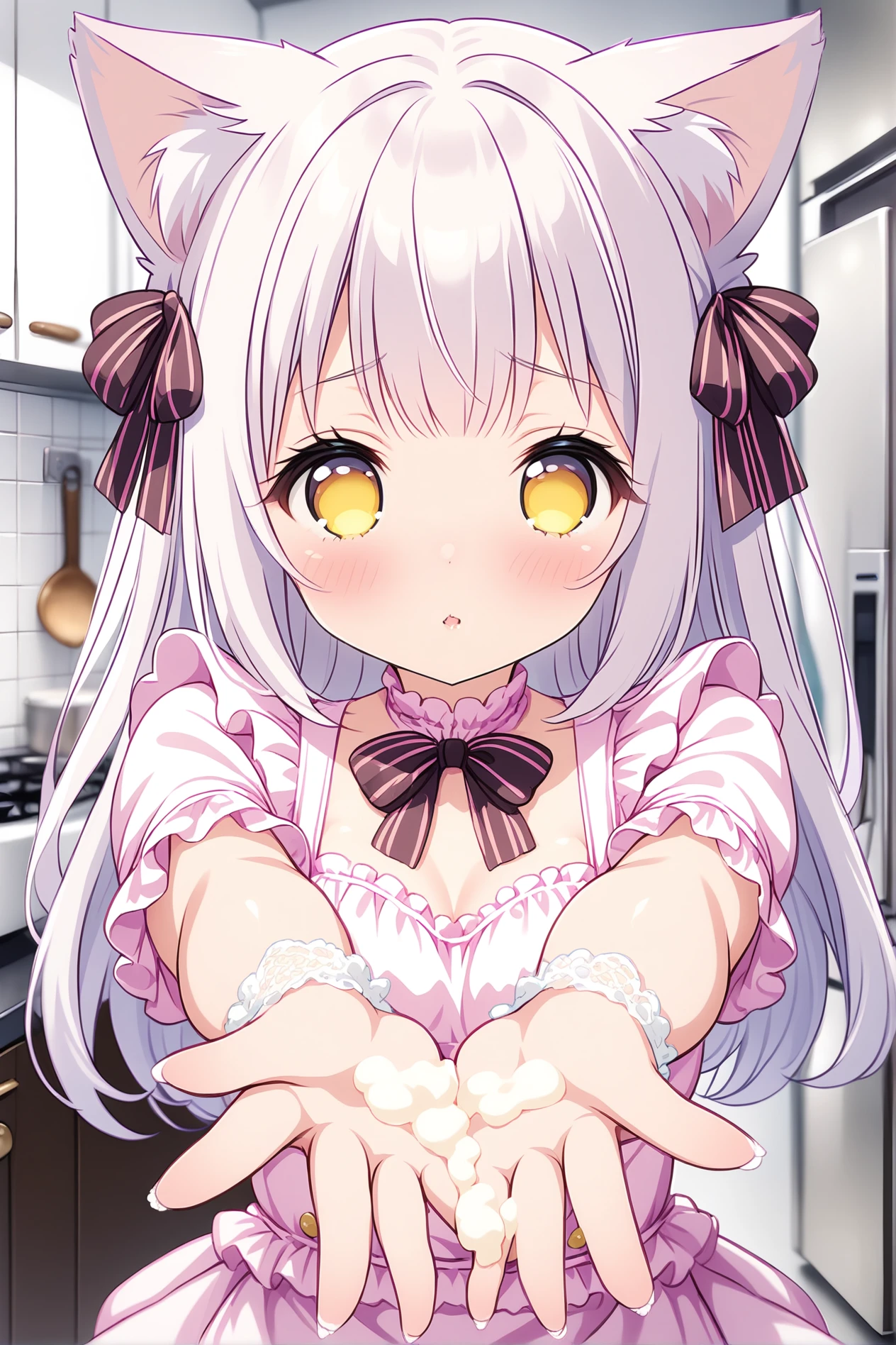 high quality, outfit, cocoart, anime,close up hand,detailed lace white glove,actuary hand,lace glove with ribbon and trimed small frills,reach arm to viewer,stretch arm to viewer,open hand,hand focus,animal girl, cream on hands,kitchen,