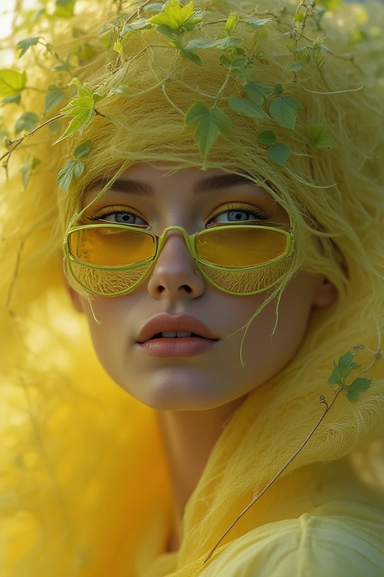 A striking figure adorned in nature-themed embellishments features piercing blue eyes framed by intricate, leafy vines that weave across the face, forming an organic mask. Soft, earth-toned textures intertwine with the skin, creaA person with striking yellow sunglasses, matching yellow eyeshadow, and peach-colored lips is framed closely. Soft, vibrant yellow fabric drapes around their head and shoulders, complemented by the bright lighting that enhances the warm, sunny tones. Loose strands of dark hair curl delicately around the face, adding a touch of contrast to the monochromatic yellow theme. Smooth, radiant skin completes the vibrant and artistic look.ting an ethereal harmony between the human and natural elements. Delicate, pale green leaves and tendrils cover the head and shoulders, blending seamlessly into the background. The lighting softly illuminates the features, enhancing the mystical ambiance.