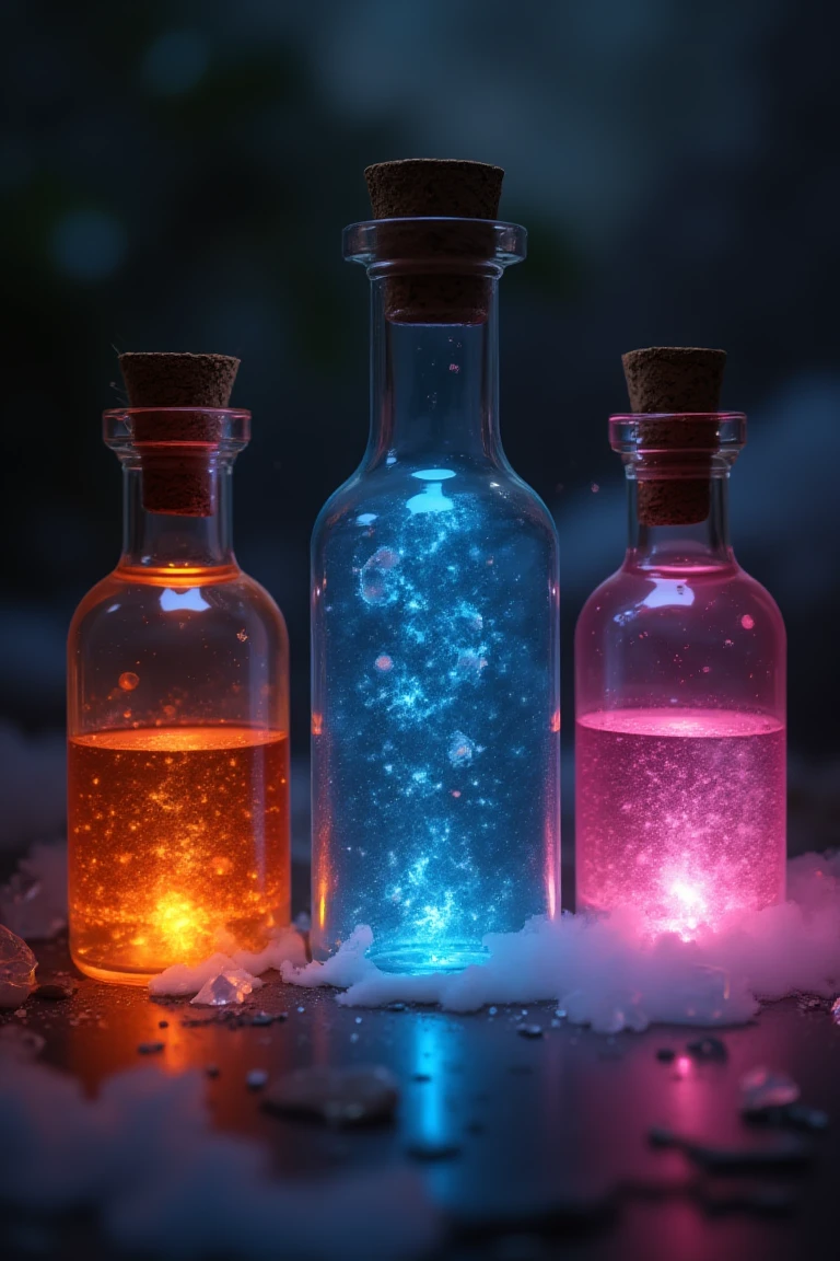 Three glass bottles sit before a dark, blurred backdrop, each sealed with a cork and containing vibrant, glowing liquids. On the left, an orange potion sparkles with warm hues, while the central bottle holds a luminescent blue concoction emitting subtle glows. The third bottle displays a radiant pink substance. Scattered around the bottles, small, translucent crystals add a touch of enchantment, their surfaces reflecting the magical light. Fine particles float in the air, enhancing the mystical ambiance.