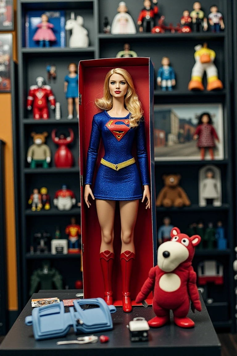 cinematic film still <lora:DollBoxRealisticQuiron_FLUX-000001:1.3> DollBoxRealisticQuiron,   gift doll box  stands with surrounded by various items and many accessories in the display case,   A lifelike figurine Stands prominently displayed. The Doll of supergirl captures iconic features  striking realism. Alongside it, the packaging showcases a cartoon illustration of Centaur fighting  Dragon, adding a dynamic contrast to the realism of the figure.  . shallow depth of field, vignette, highly detailed, high budget, bokeh, cinemascope, moody, epic, gorgeous, film grain, grainy