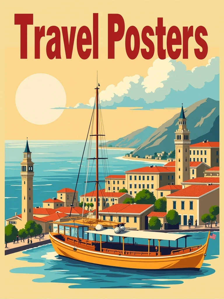 On a travel poster, print the words "Travel Poster". 

vntgtrvlpstrCE style