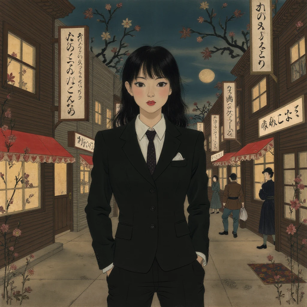 yamatostyle art. a woman waering a suit , standing in the street at night, city