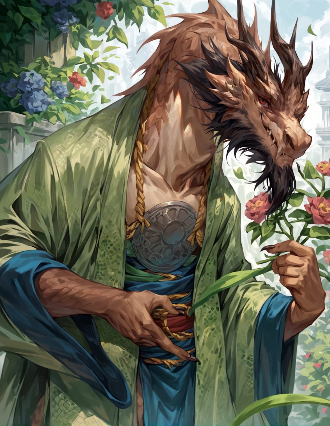 chenloong, eastern dragon, score_9, score_8_up, score_7_up, score_6_up, anthro, solo, male, beard, half-length portrait, looking at viewer,  smile, garden, flower, under shade, green pattern robe, blue loincloth, red eyes, 
<lora:BlackMythChenLoong_1.0.4:1>