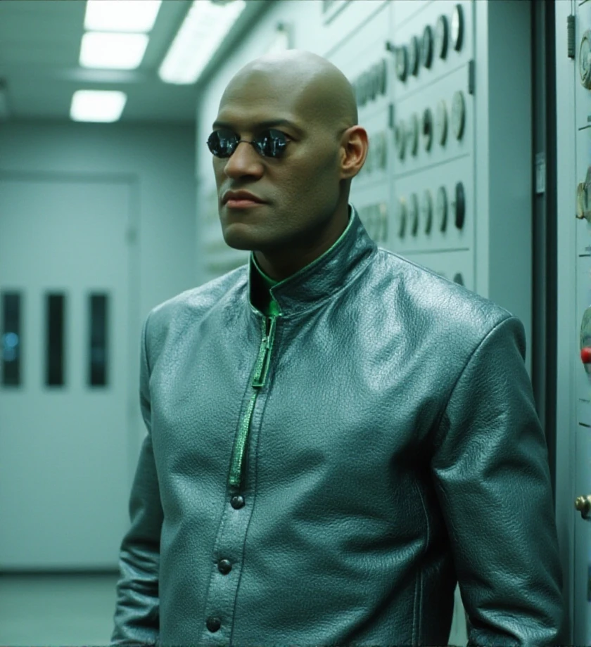 bokeh,  portrait photo, <lora:morpheus-flux-m0rf3:1.3> m0rf3  is dressed in a reflective silver cape and a tight suit with glowing green details. He is in a white room with control panels covered in enigmatic symbols.