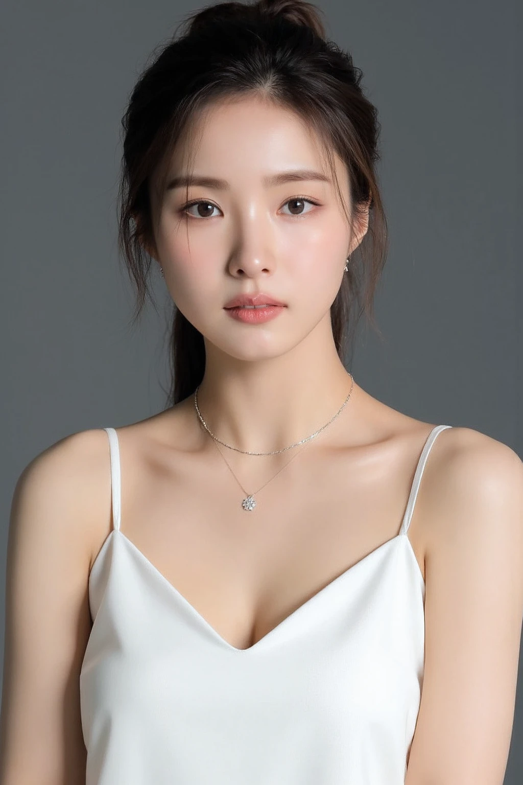 medium full shot of beautiful asian girl , wearing white sleeveless dress, gray background, overexposed, studio lighting, necklace, dslr, studio lighting, high quality, film grain, light reflections, blood vessels, pale skin, skin pores,blood vessels in sclera, detailed skin, beauty spots, skin fuzz,<lora:flux_realism_lora:1>, . <lora:makinaflux_shinsekyung_v1.0:1>