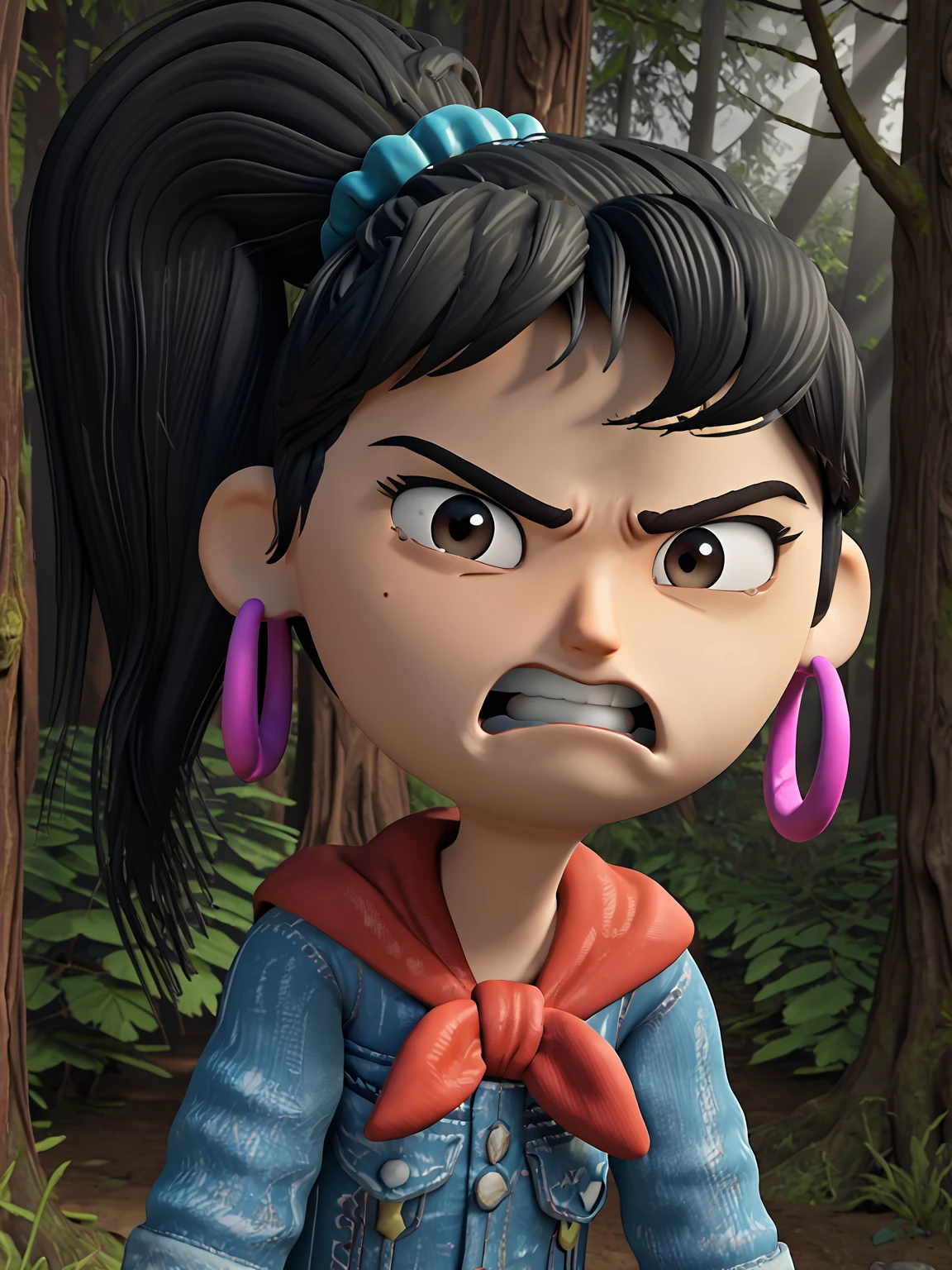 looking at viewer, 1girl, solo, <lora:Ellie (Sprite Fright):0.9> elliesf, disgusted, black hair, ponytail, earrings
score_7_up, source_3d, 3d, forest