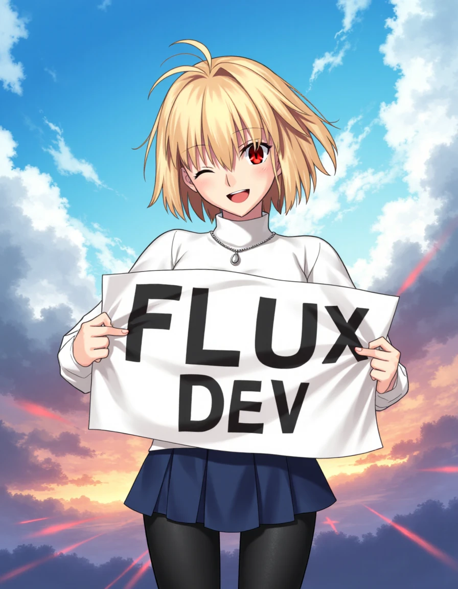 [INFO FOR CIVITAI USERS (don't include this on real prompt lol): Scheduler BETA, Distilled cfg 6, Lora Weight 0.8] Arcueid, normalarc, 1girl, solo, short hair, bangs, blonde hair, red eyes, slit pupils, long sleeves, ahoge, blue miniskirt, black pantyhose, necklace, white sweater, turtleneck, hair intakes, antenna hair, turtleneck sweater, silvery necklace. Arcueid stands confidently, facing the camera with a playful wink and a bright, mischievous smile. She holds a large banner in front of her with bold letters that read 'FLUX DEV.' Her posture is casual yet commanding, with both hands holding the banner, giving off a carefree but powerful vibe. The wind gently blows her hair, adding a sense of motion and energy to the scene. Behind her, the sky is dramatic with vivid, swirling clouds and beams of sunlight breaking through, creating a cinematic backdrop. The atmosphere is charged with energy, making the moment feel both epic and fun, as Arcueid’s vibrant personality shines through.