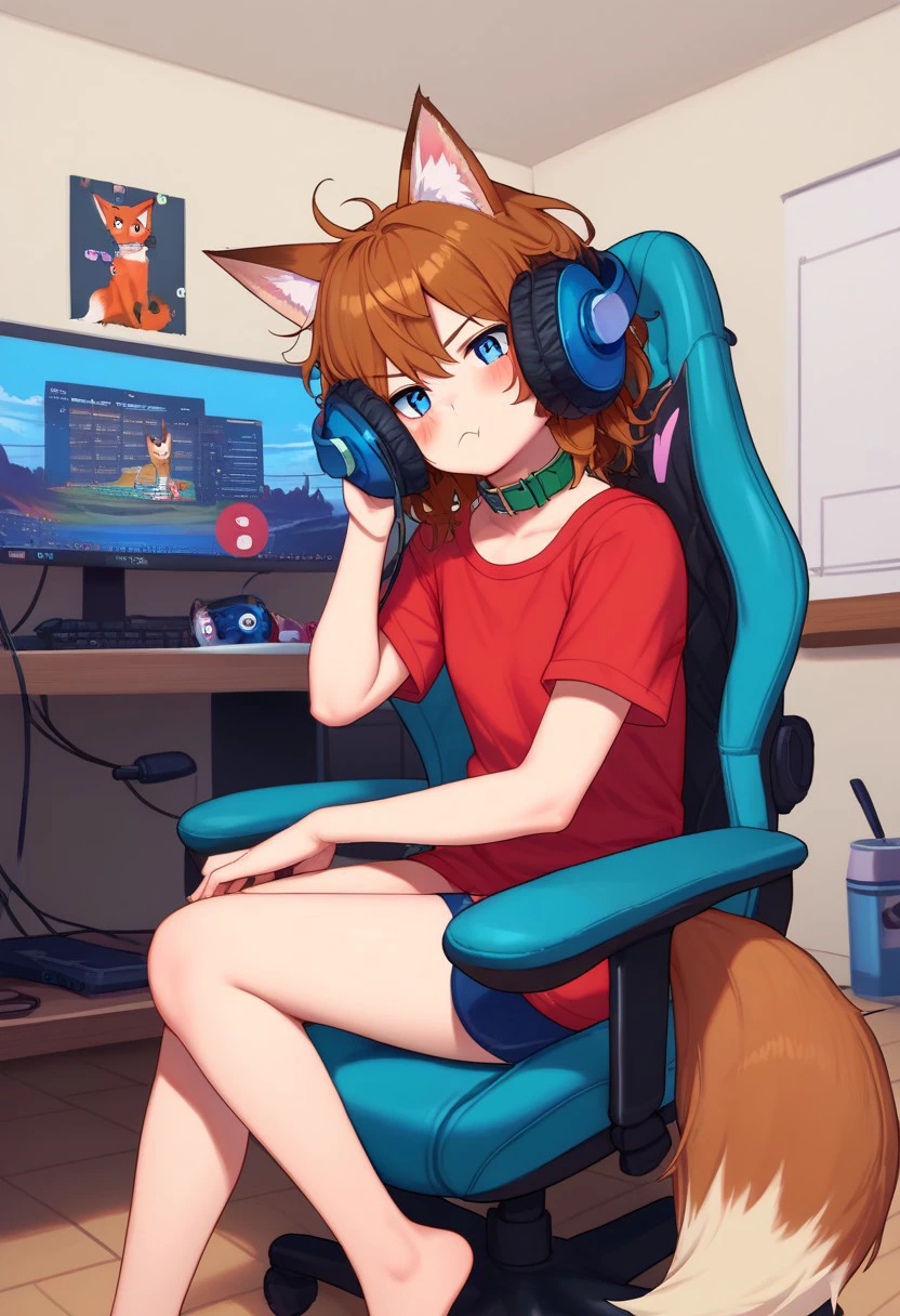 score_9, score_8_up, score_7_up, source_anime, headphones, animal ears, Millyfox, fox ears, animal ears, blue eyes, brown hair, messy hair, tail, collar, red shirt, short sleeves, sitting, on chair, gamer chair, indoors, bedroom, computer, looking at viewer, annoyed, blush,