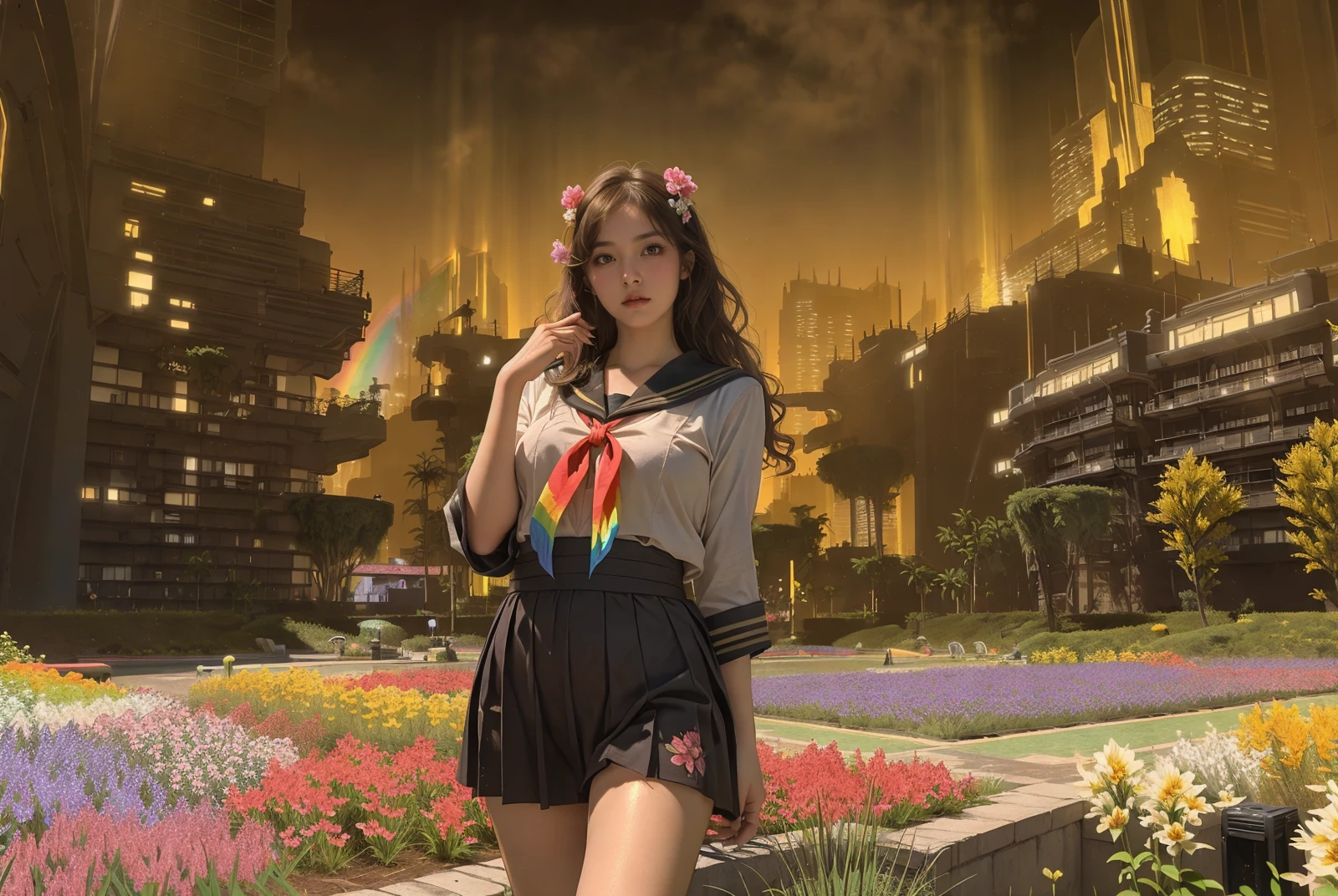 1girl, women, (she is wearing serafuku, sailor suit:1.3), Overhead camera, sharp focus, handsome, plump legs, skinny, professional lighting, rendered eyes, tall body, adult woman, hair ornament, instagram most viewed, official wallpaper, official art, (japanese idol), building, ((photorealistic painting art by midjourney and greg rutkowski)), BREAK (bangs, medium wavy hair, brown hair, standing), (LivingMemory, landscape, flower field, aircraft, fantasy, grass, rainbow, outdoor:1.3), <lora:LivingMemory:0.8>,