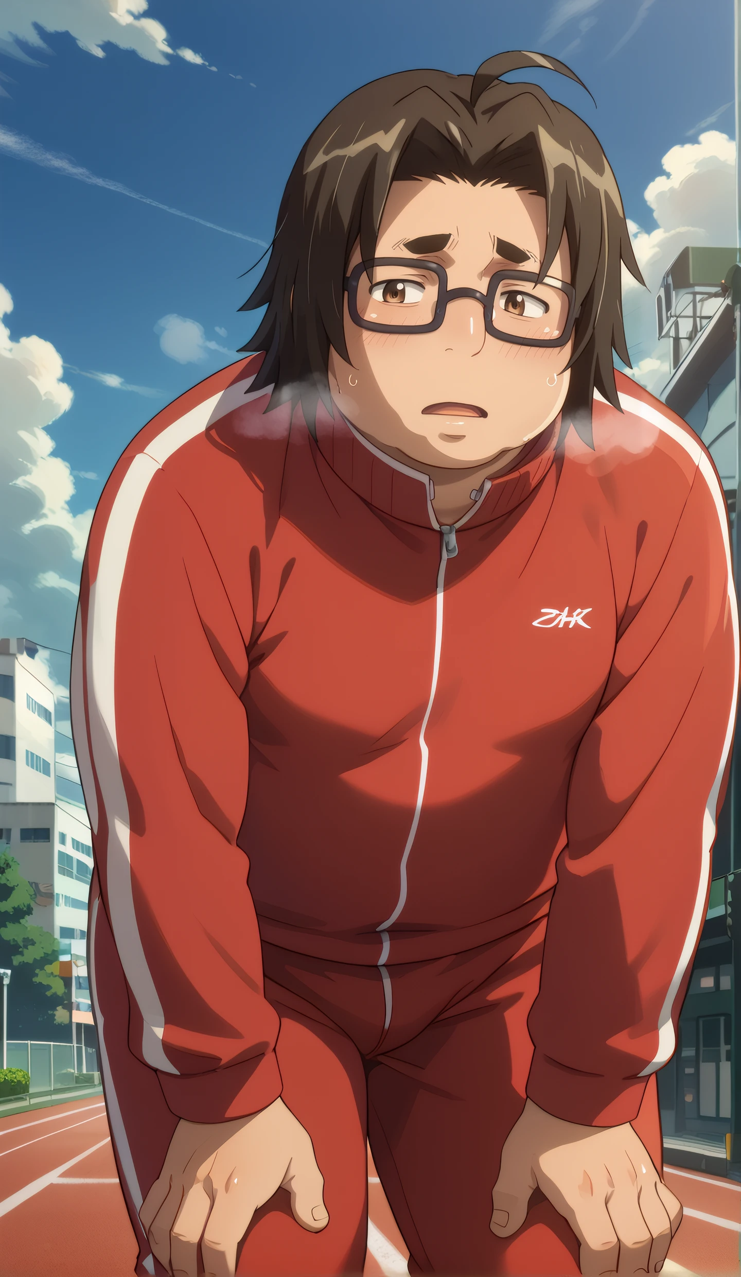 score_9, score_8_up, score_7_up, mature male, looking at viewer, cowboy shot, 
<lora:Hirano_Dwnsty:0.9>,  hirano_kohta, brown eyes, black hair, male focus, glasses, red track suit, 
plump, exhausted, sweat, heavy breathing, hands on own knees, exhausted, leaning forward, open mouth, 
outdoors, cloudy sky, street,