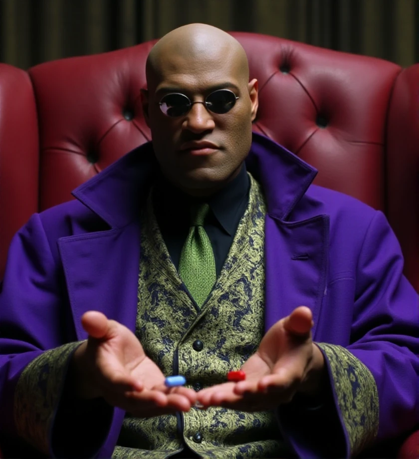 bokeh,  portrait photo, <lora:morpheus-flux-m0rf3:1.3> m0rf3 wears a richly decorated purple robe, with gold embroidery. He is sitting on a red armchair, on the right palm of his hand he has a red pill, on the left palm a blue pill, Wear glasses