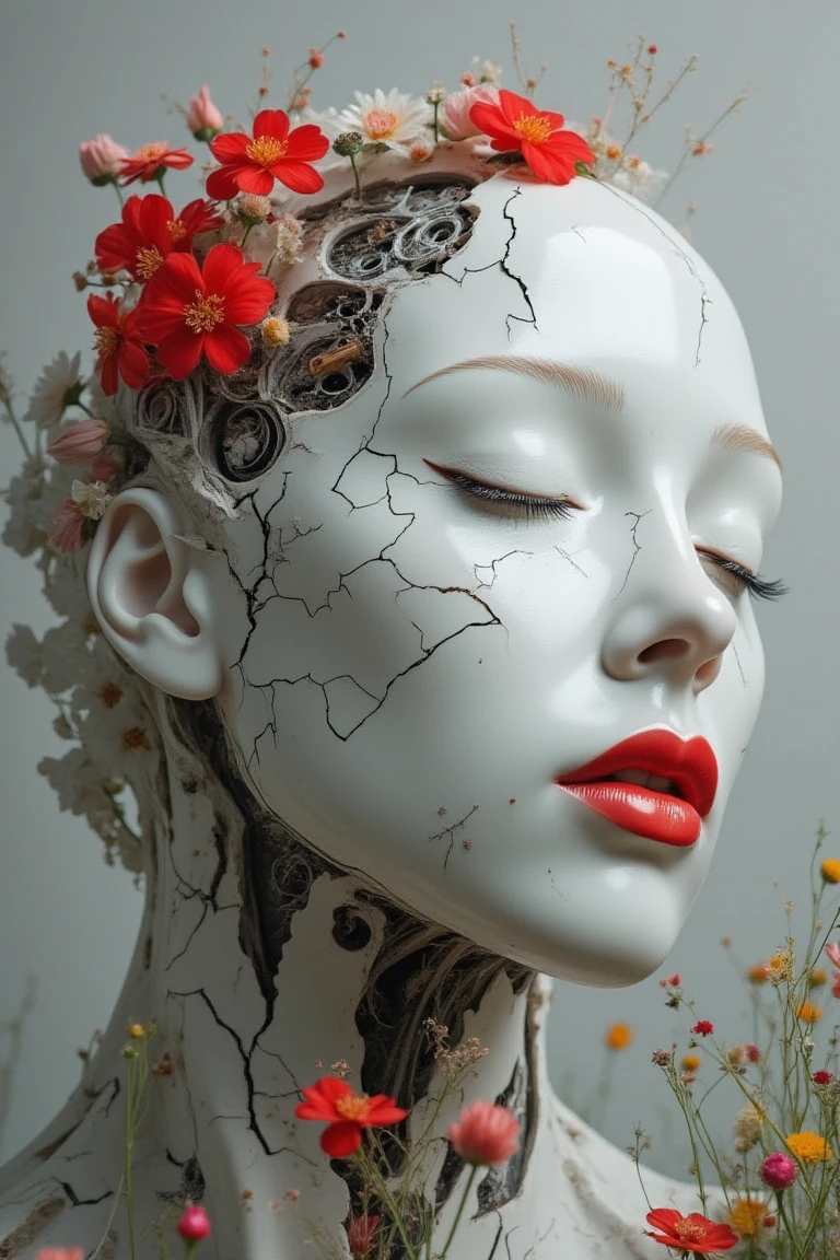 A porcelain-like face with delicate, intricate floral patterns and vibrant red flowers blossoms across its surface, marked by visible cracks. The skin appears smooth and glossy, contrasting with the mechanical structures underneath, peeking through the fractured areas. The lips are painted a vivid red, and the eyes are closed, adorned with fine black eyeliner. The background is a soft, muted gray, and the foreground features a variety of colorful wildflowers, enhancing the delicate, ethereal aesthetic of the scene.