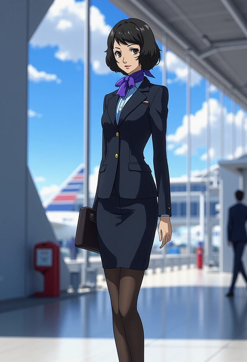 Anime style, sharp, high contrast and highly detailed. Ghibli anime style. Perfect anatomy. Perfect body ratio. No oversized head. No blurry, out of focus pictures. No simple background, no single color background. Small head.
sadayo_kawakami is standing in a futuristic airport, with sunshine, blue sky and white cloud in the background. She wears a sleek and professional airline attendant uniform inspired by Japanese aesthetics, similar to the uniforms of ANA (All Nippon Airways). The uniform should consist of a tailored black jacket with a subtle sheen, featuring a structured, fitted design with long sleeves and a single-button closure. Beneath the jacket, the attendant wears a light blue collared shirt, neatly tucked into a matching knee-length pencil skirt. Around the neck is a silk scarf in a vibrant, bold color such as purple or blue, tied elegantly to add a touch of flair and sophistication. The outfit is complemented by sheer black tights and polished black dress shoes with low heels, designed for both style and comfort. She looks mature, gentle and elegant. She is looking at the viewer with a beautiful smile.
 <lora:Persona5_sadayo_kawakami_flux_1_2-000009:1>, full body.