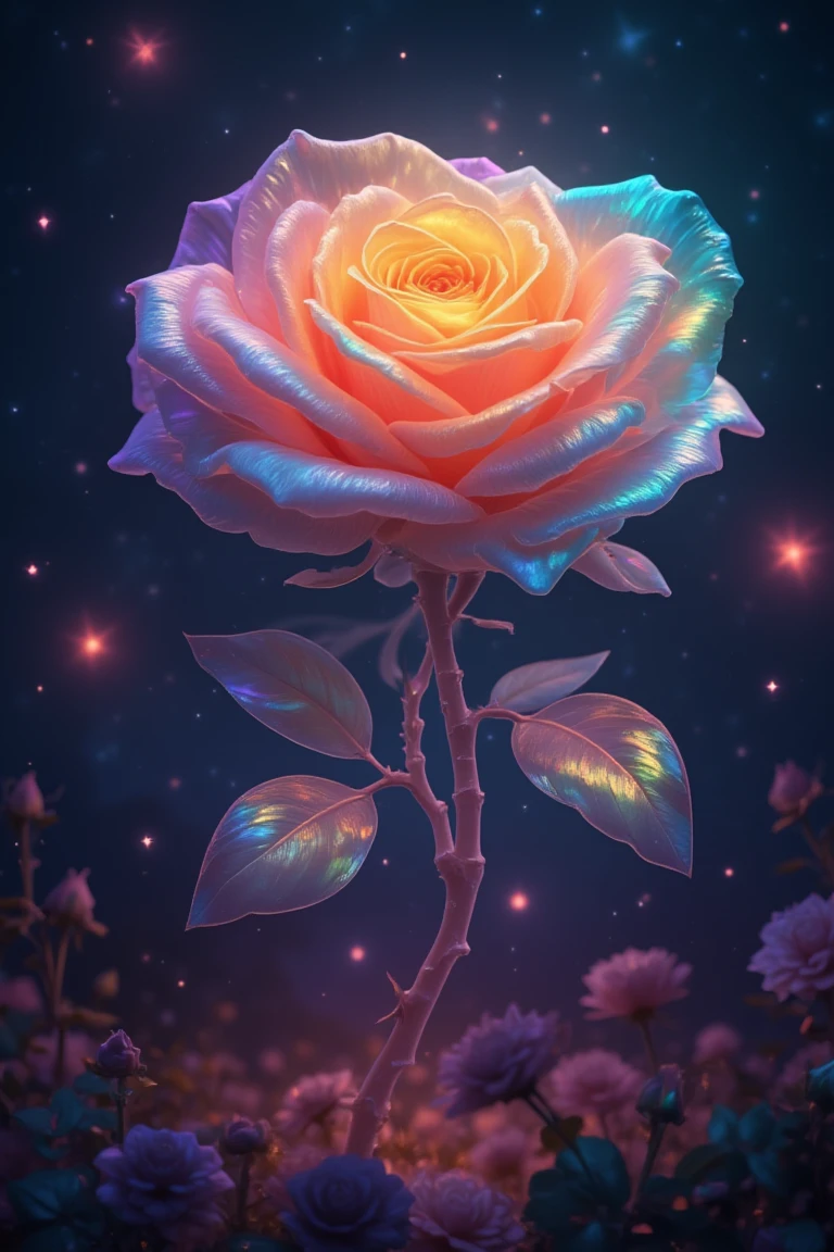 A magnificent, iridescent rose stands gracefully with petals that glisten in a spectrum of colors, creating a luminescent effect. The plant's leaves and stems appear translucent, reflecting the ethereal glow. The background is a dreamy, star-studded night sky, enhancing the magical aura. Budding roses surround the central bloom, contributing to the otherworldly garden scene.