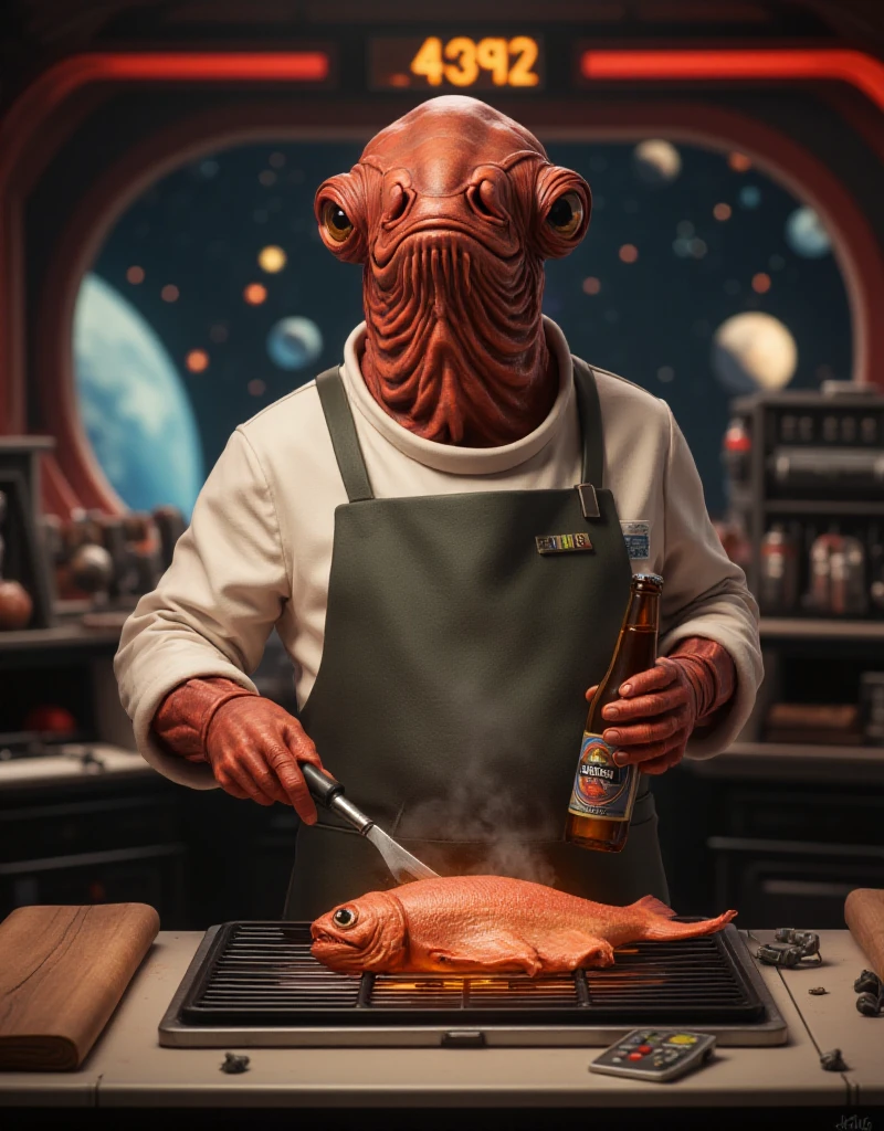 Amiral Ackbar is a anthropomorphic calamar. He is wearing an apron and is cooking fish at the barbecue in a spaceship. He is holding a beer bottle <lora:Amiral_AckbarV2:0.9>