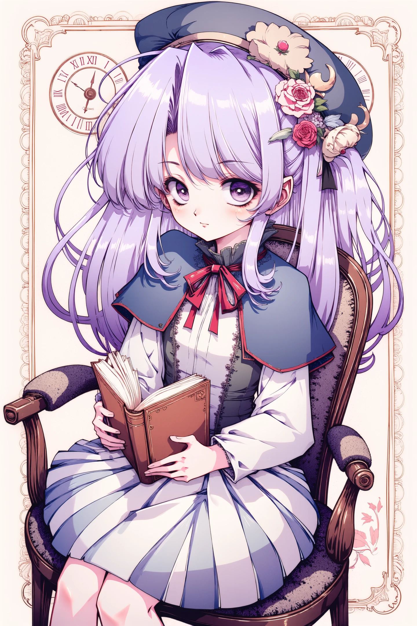 1girl,book,crescent,hat,open book,flower,purple eyes,mob cap,purple hair,long hair,roman numeral,capelet,vintage clock,looking at viewer,hat ornament,striped,rose,solo,sitting,chair,bow,crescent hat ornament,ribbon,bangs,lace,long sleeves,striped dress,cup,hair bow,bookmark,feathers,lips,hair ornament,dress,embellished costume,etro floral border background,
<lora:Old Fashioned Celluloid_FLUX:1>,