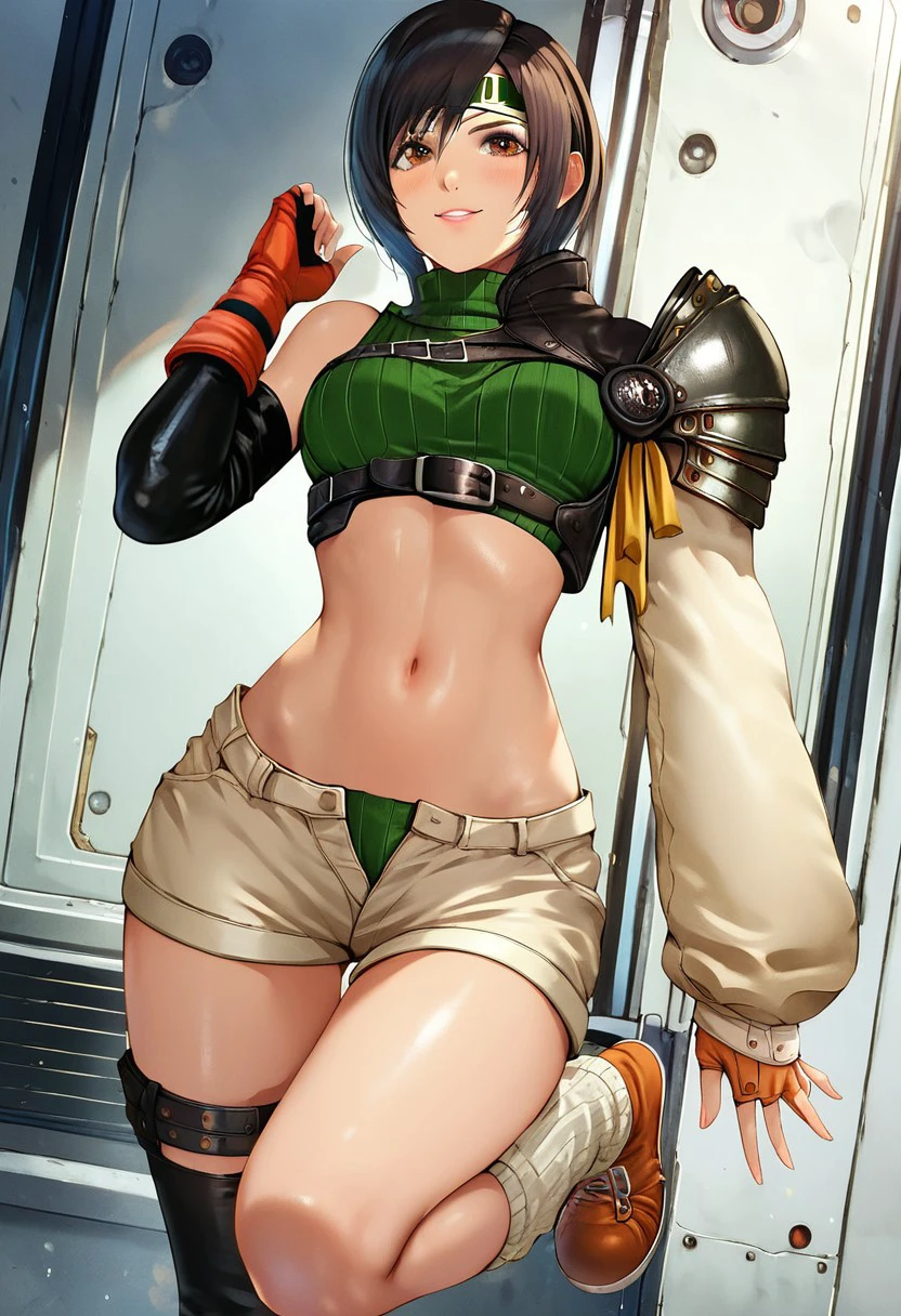 score_9, score_8_up, score_7_up,  score_6_up, score_5_up, Yuffie Kisaragi, 1girl, solo, breasts, short hair, black hair, navel, brown eyes, shoes, midriff, fingerless gloves, crop top, short shorts, headband, turtleneck, shoulder armor, single thighhigh, fishnets, ribbed sweater, open fly, leg warmers, orange footwear, cropped sweater, single sleeve