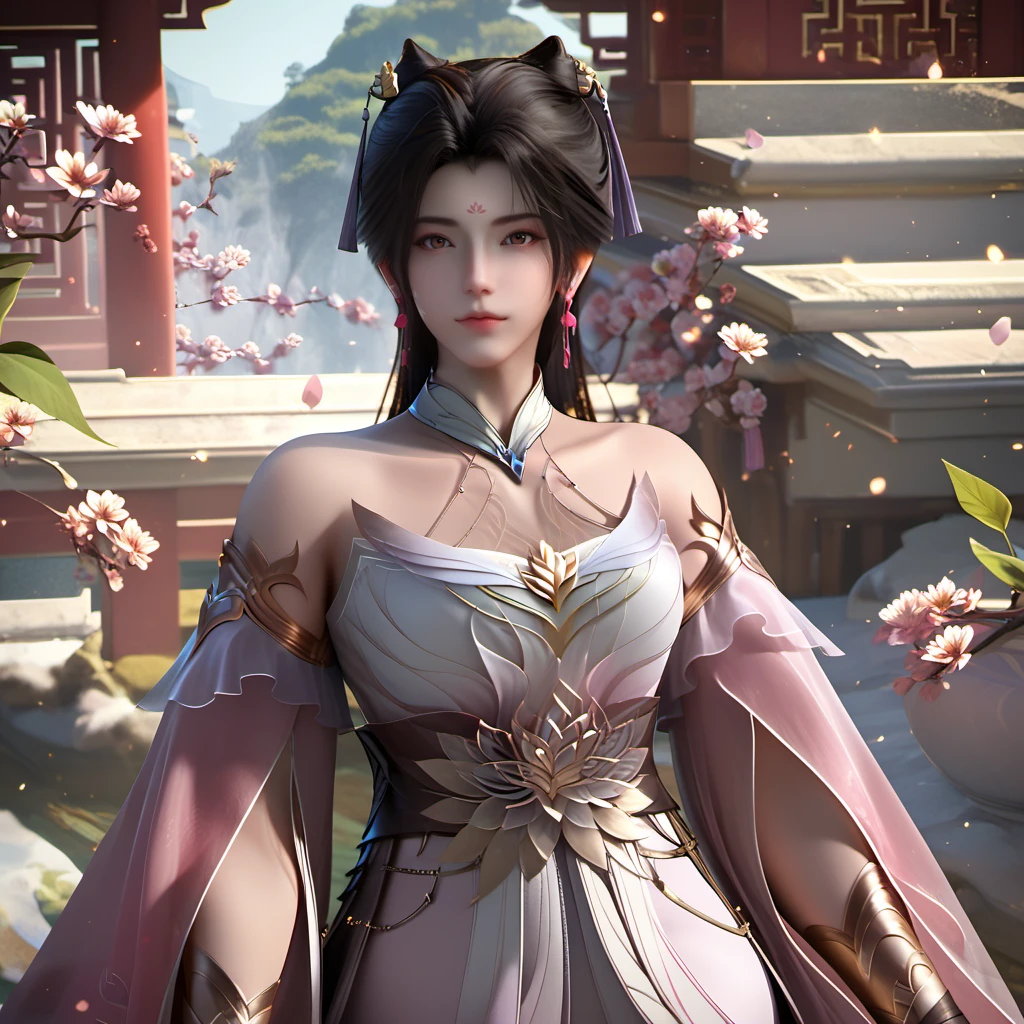 score_9,score_8,score_7_up,mengkeer,looking at viewer,<lora:ponymengkeer15v:1>,light pink chinese clothes,collar,off-the-shoulder sleeves,gold arm bands,gold belt that features a stylized lotus flower,gold wrist support,