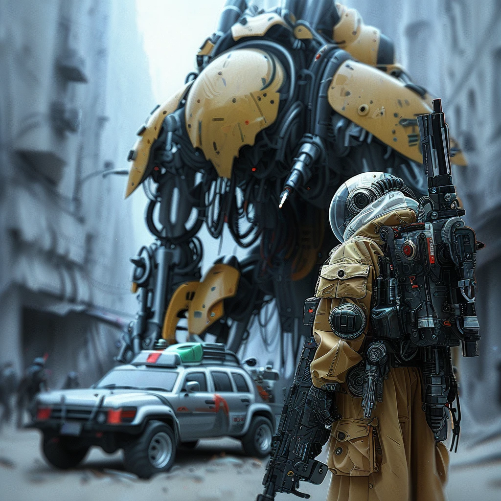 there is a mech in a city behind a car in the left foreground there is a hunter, there is a mech with big hands in the factory, distant robot, There is a large Mech standing in a ruined city small man holding guns  is in the foreground