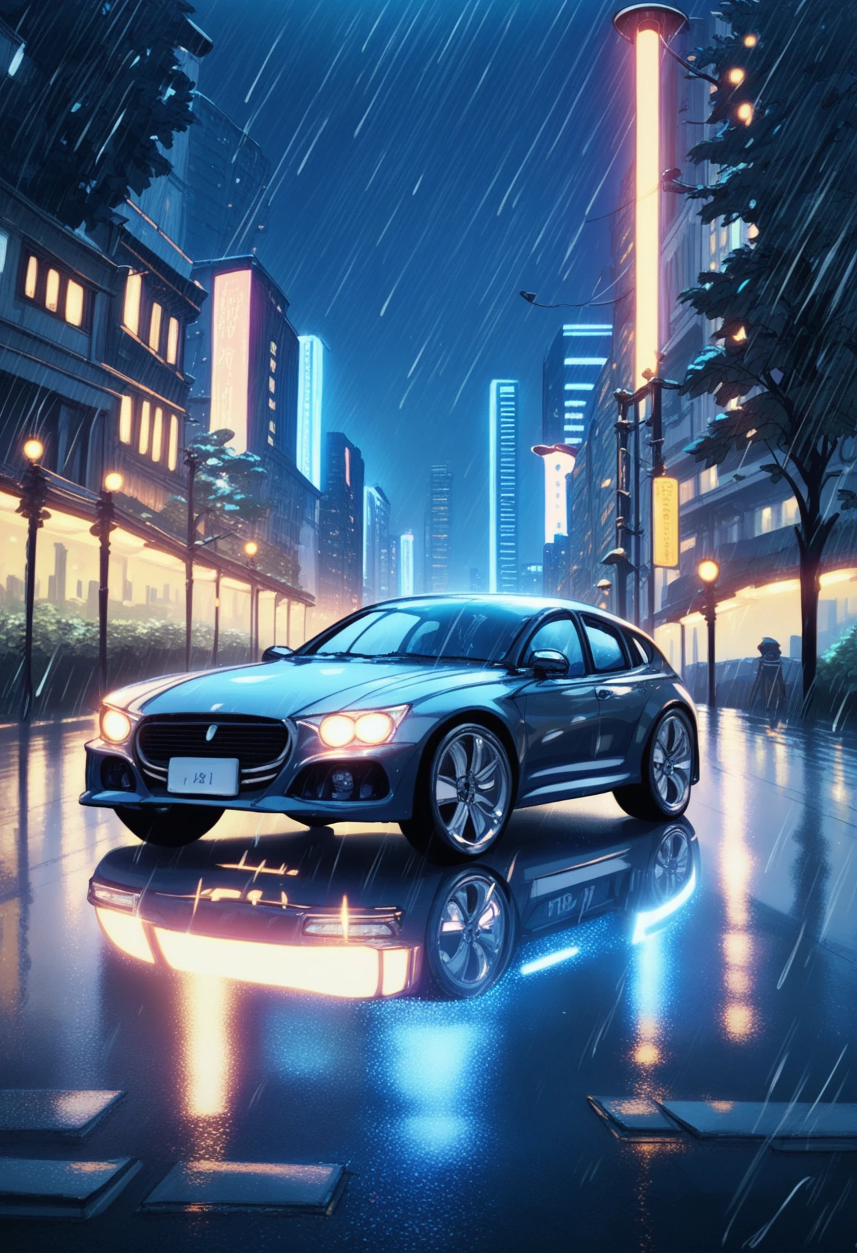 vwstyle, safe_pos, score_9, score_8_up, score_7_up, sports car, city, night, rain