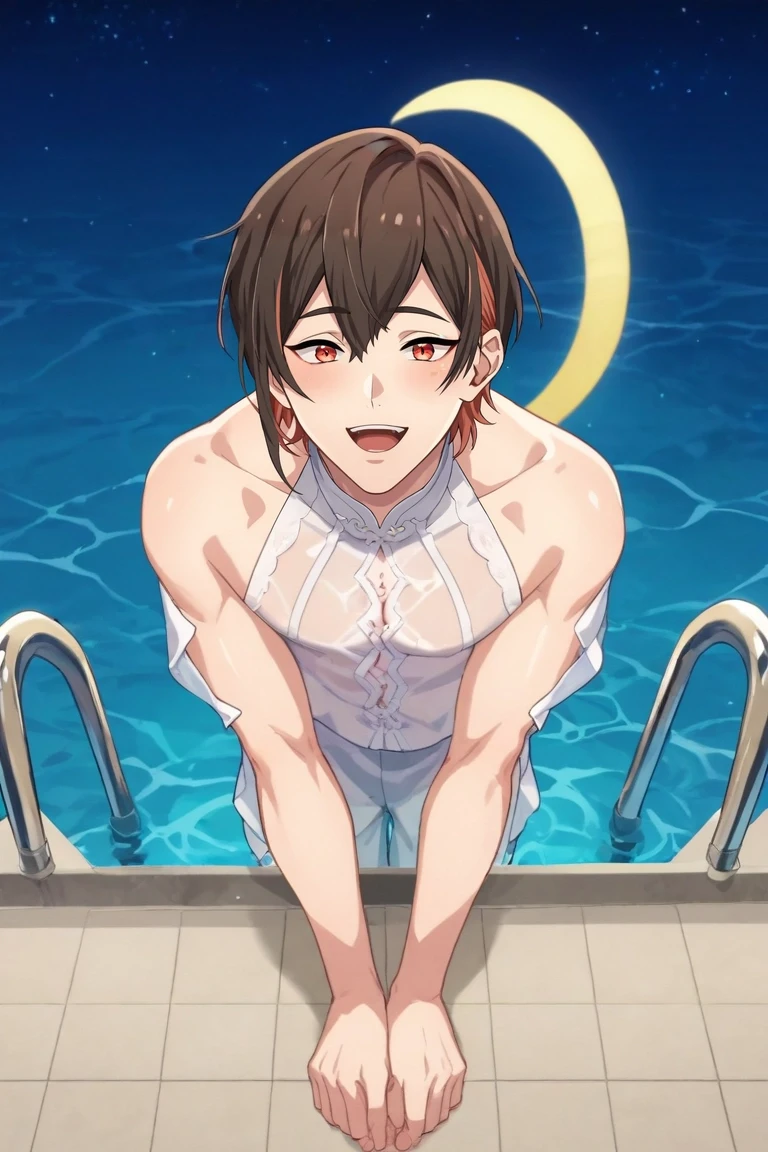 score_9, score_8_up, score_7_up, source_anime, rating_safe, intricate details, anime screencap, , , , depth of field, 1boy, solo, male focus, <lora:yakumo_nu_carnival_pony:0.98>, yakumo_nu_carnival, brown hair, red eyes, short hair, multicolored hair, two-tone hair, red hair, from above, full body, pool, night, crescent moon, v arms, laughing, , <lora:sdxl_lightning_8step_lora:1>